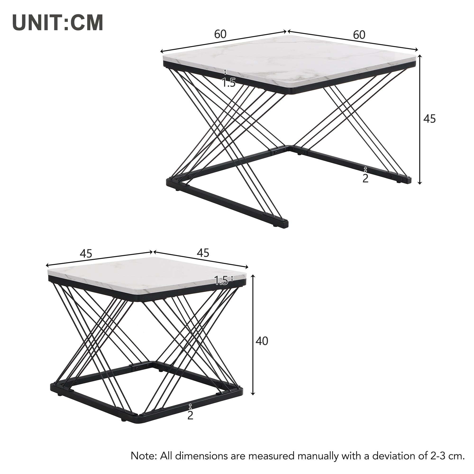 Coffee Table Set 2-Piece Square High-Gloss Marble Look