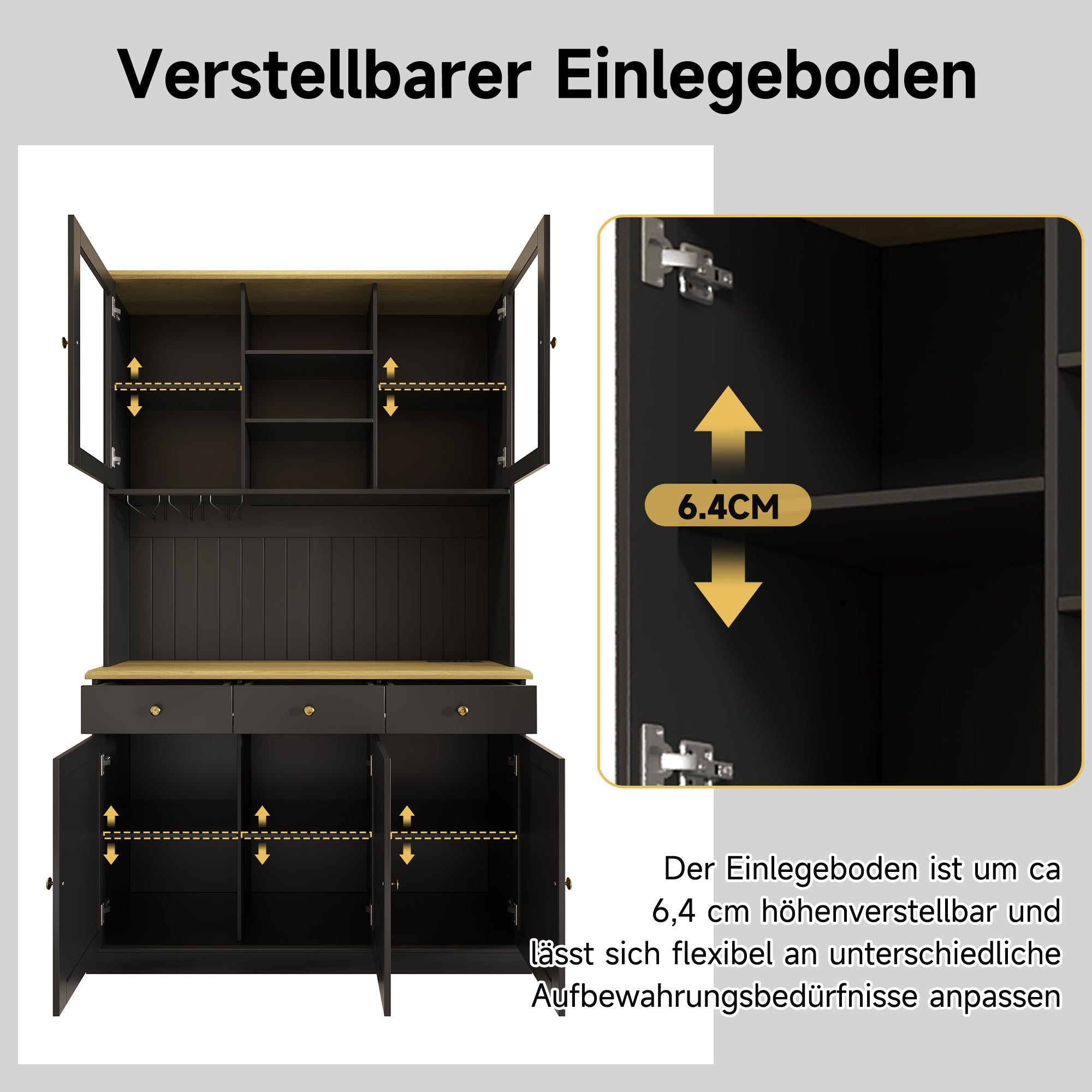 Sideboard Tall Cabinet with Glass Doors, Power Outlets & USB Ports, Black and Gold Handles