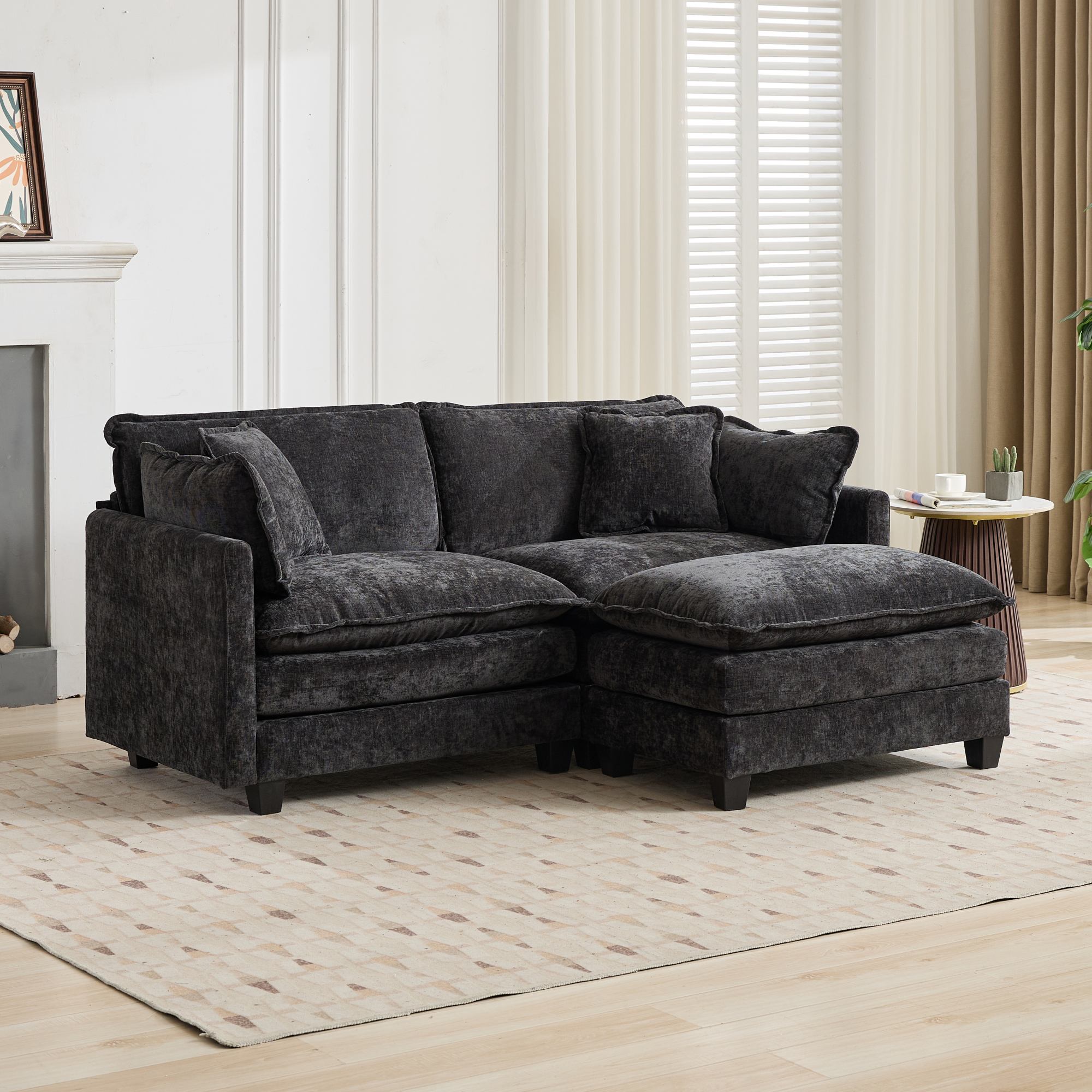 Cloud Sofa Ottoman - Modern Sectional Double Layer Cushion - Black Chenille
