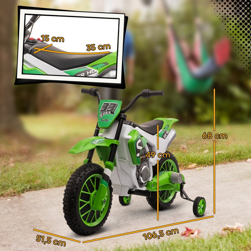 Children's Electric Motorcycle with Training Wheels and 45 Min Driving Time, Green and White