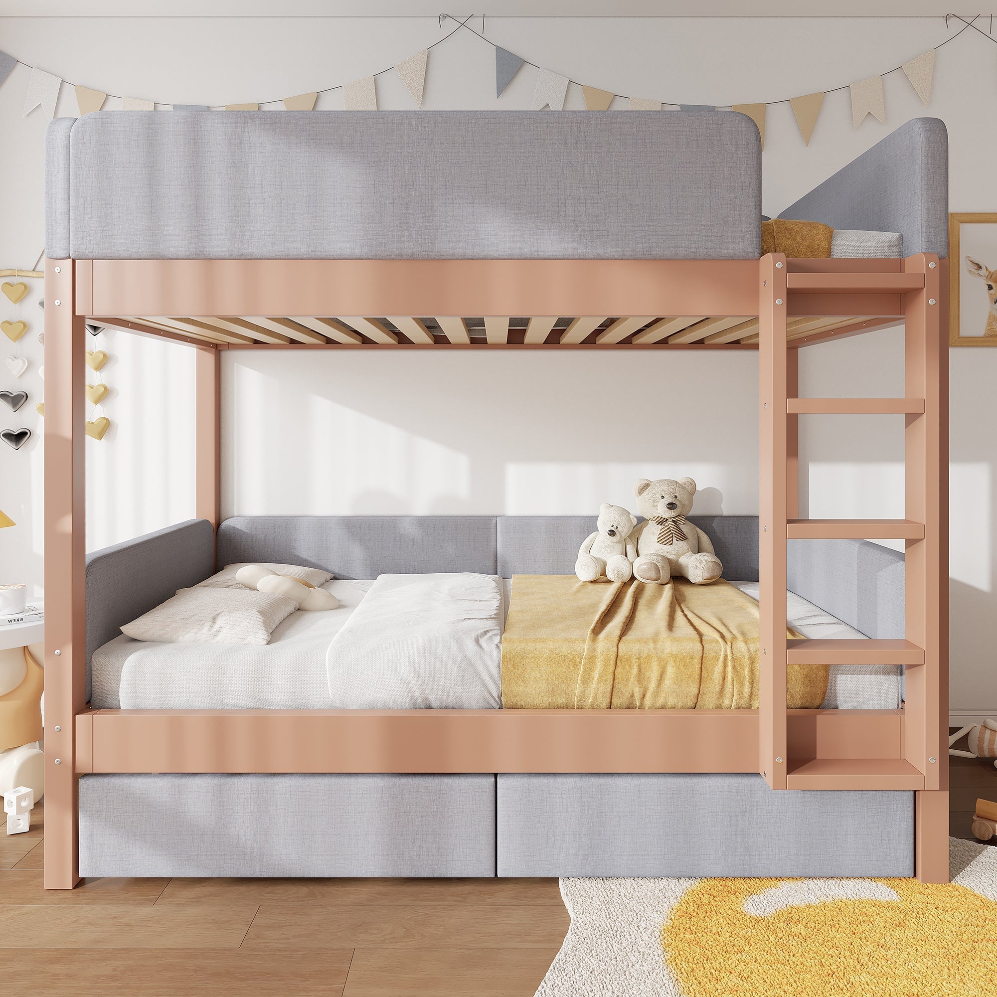 Bunk Bed with Anti-Collision Edge, Straight Staircase and Two Drawers, 90x200cm, Grey and Natural Rubberwood + MDF