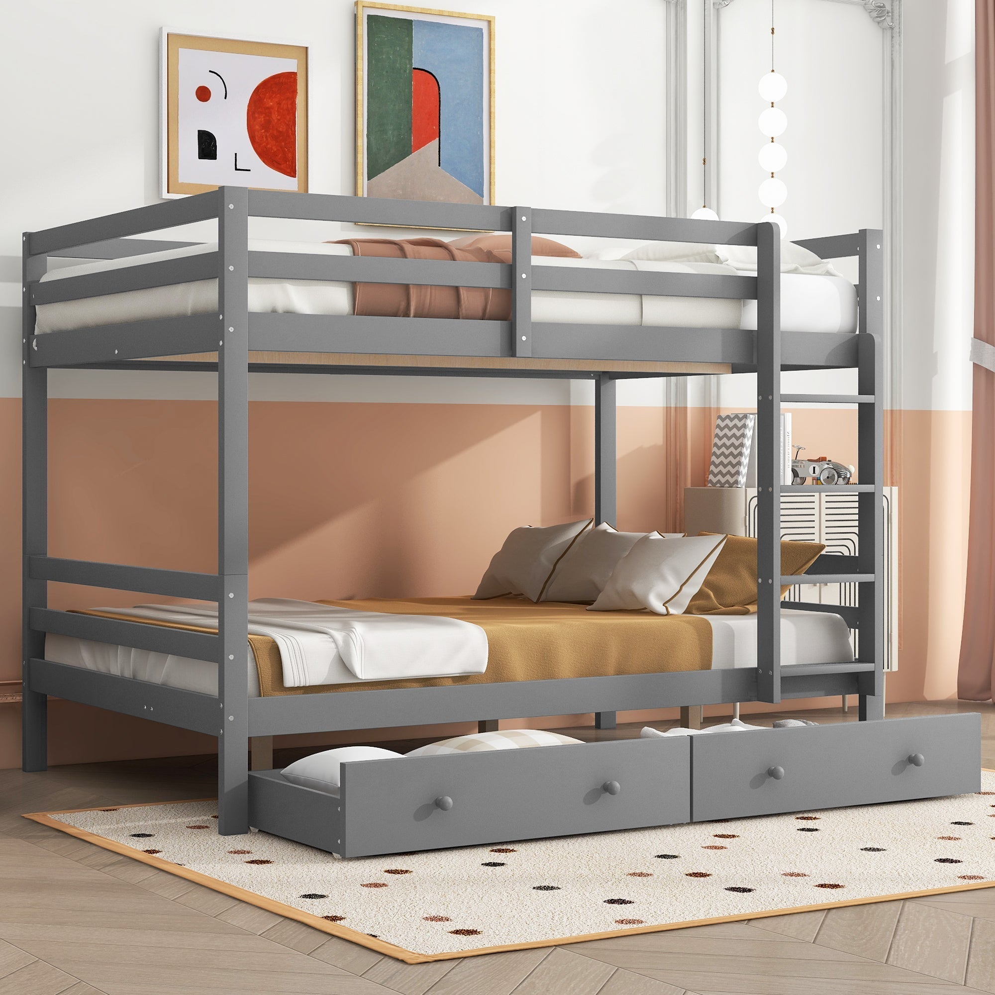 Bunk Bed 140x200cm Drawers Storage High Railings - Grey