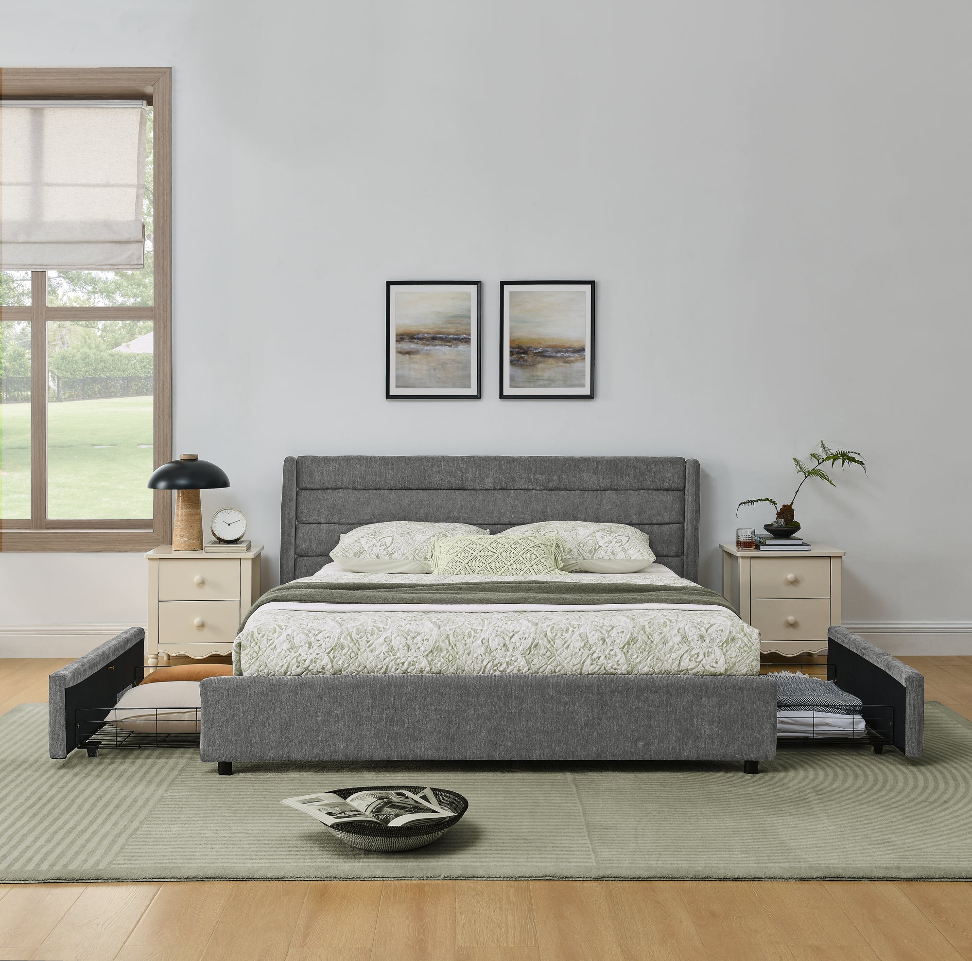 Double Bed 140x200cm 4 Storage Drawers - Dark Grey Chenille