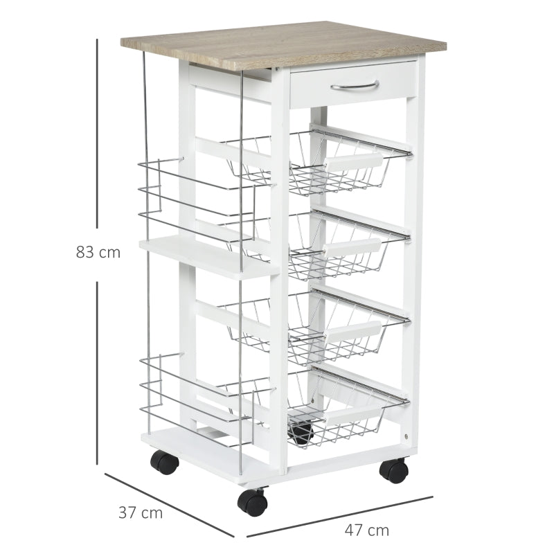 Rolling Kitchen Cart with 4 Basket Drawers & Side Racks, Natural and White
