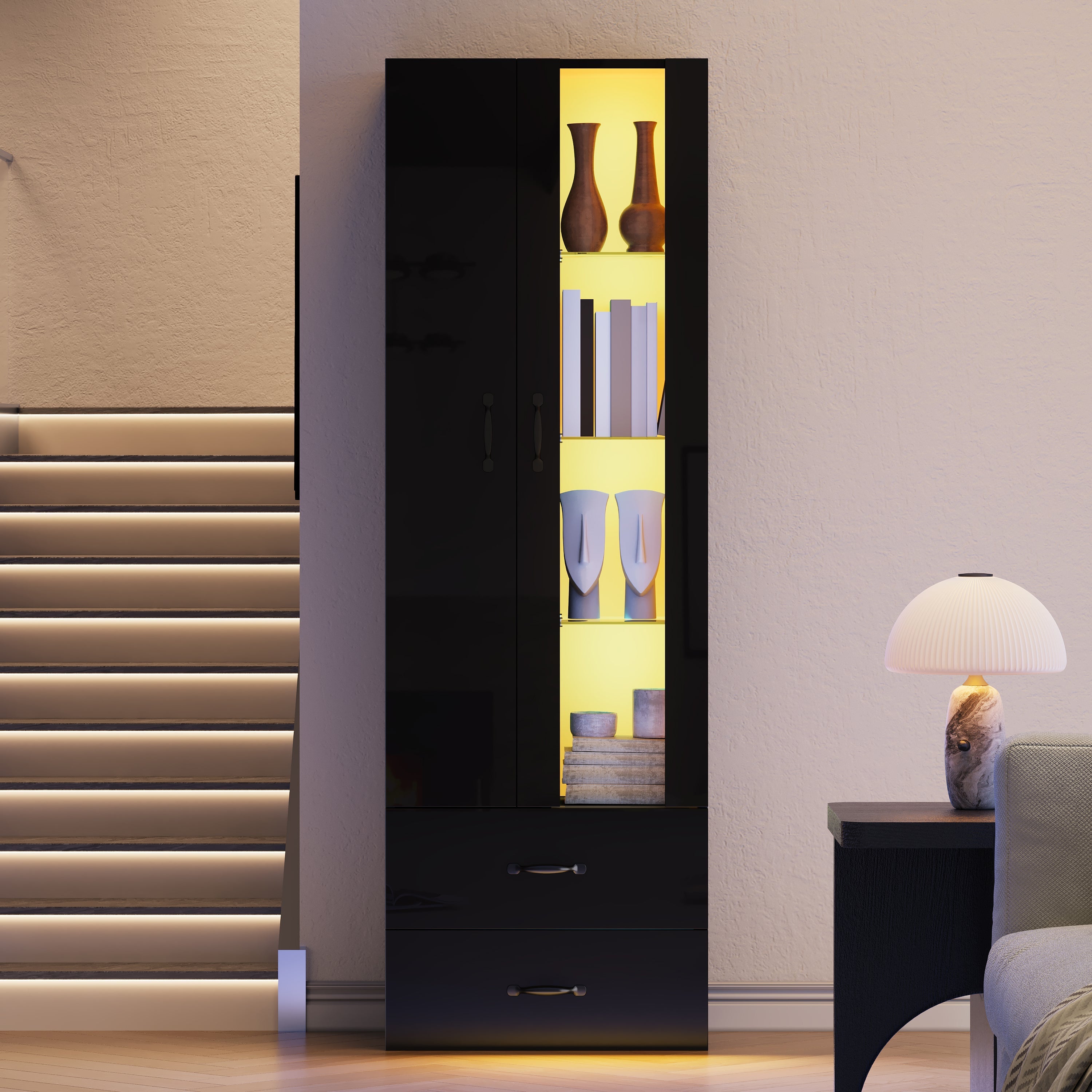 LED Display Cabinet Freestanding 2 Doors - Black