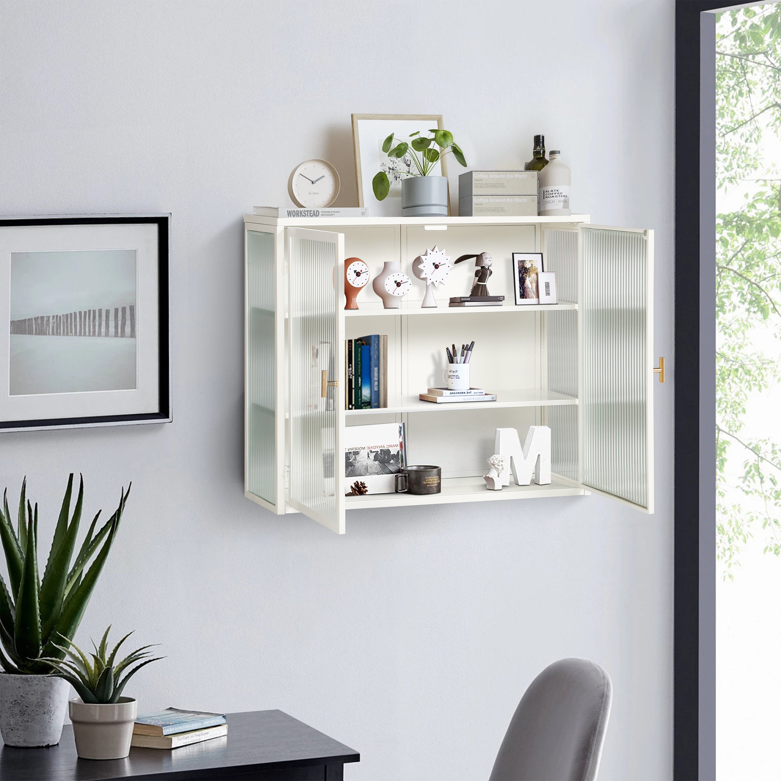 70CM Glass Doors Modern Two-Door Wall Cabinet with Three-Tier Storage White