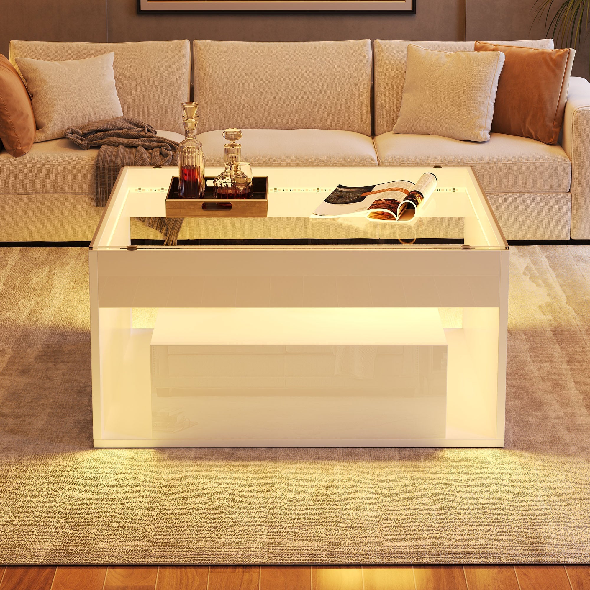 Coffee Table 70x70x35cm High-Gloss LED 2 Drawers Tempered Glass White