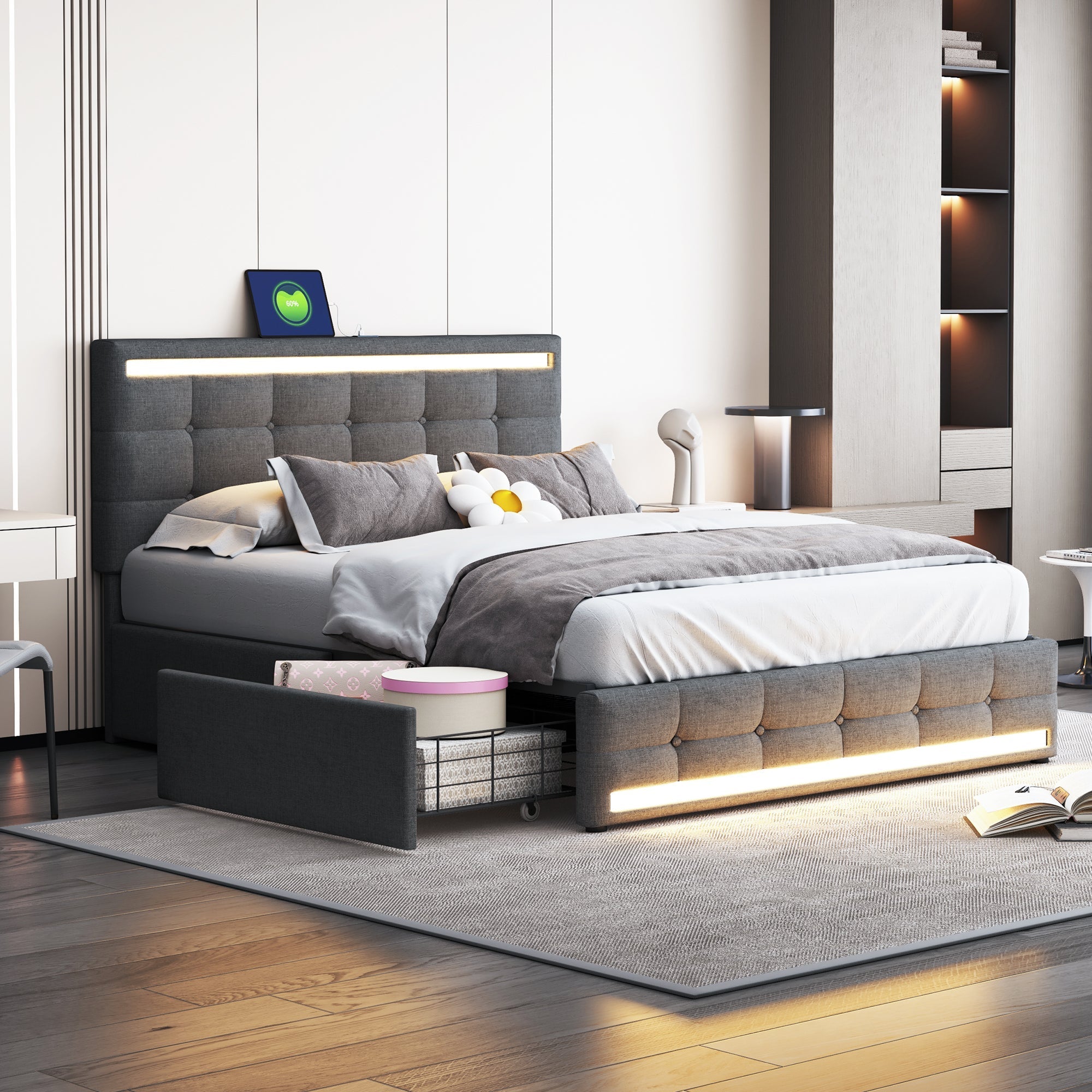 Upholstered Bed 140x200, LED, 4 Drawers, 2 USB Charging Stations, Linen Fabric Gray