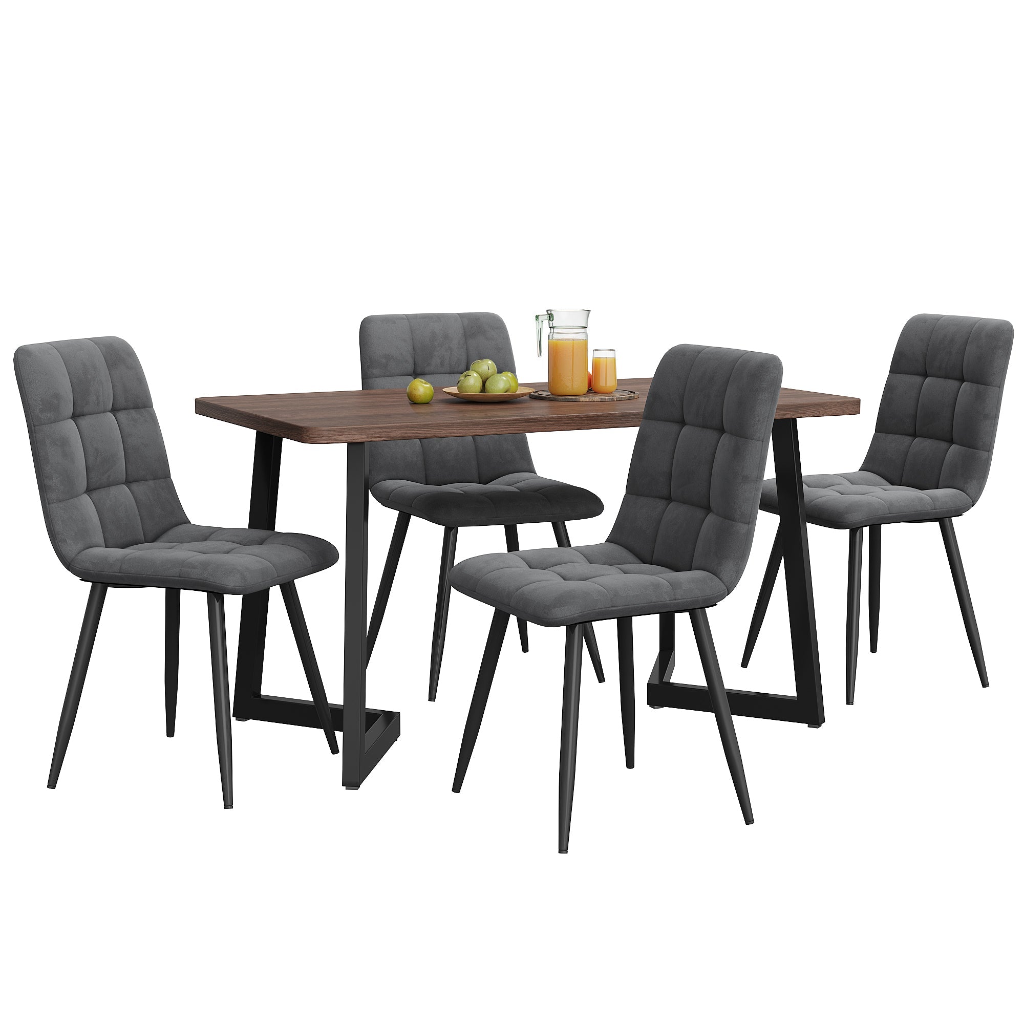 Dining Set 5-Piece Modern Kitchen Table 4 Chairs Black Metal Legs Walnut MDF Dark Grey Velvet