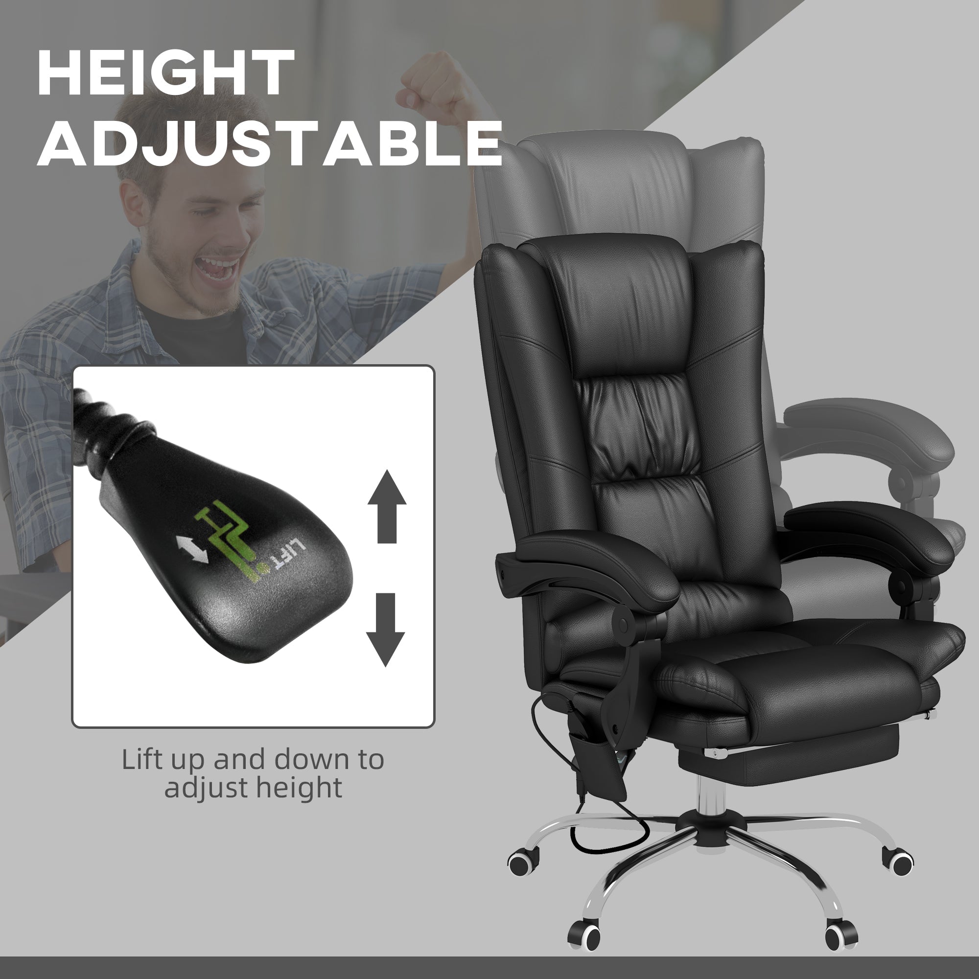 High Back Office Chair, Vibration Massage Heated Reclining 135° Footrest, PU Leather Black