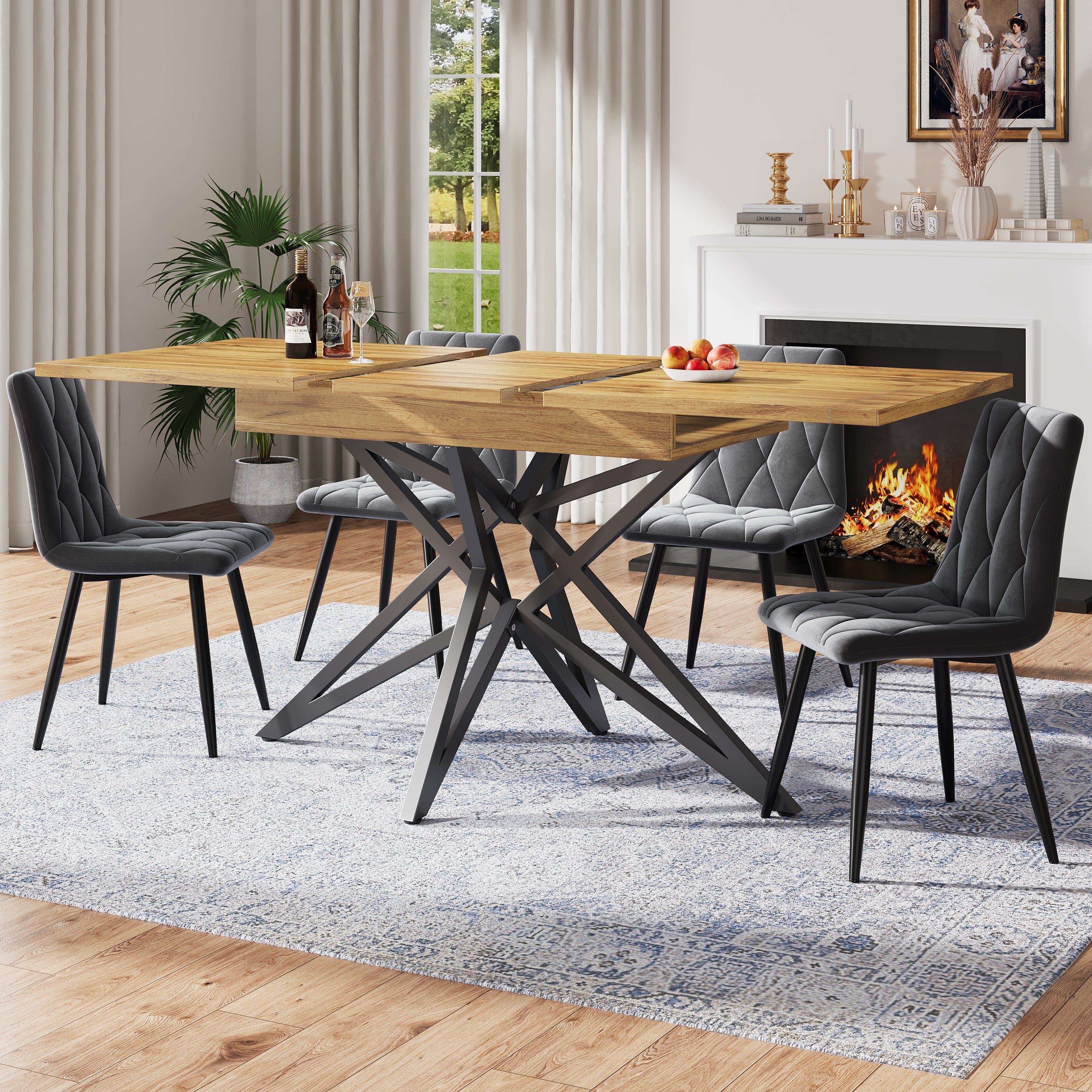 Extendable Dining Table Set with 4 Chairs, Dark Grey Velvet and Walnut Look