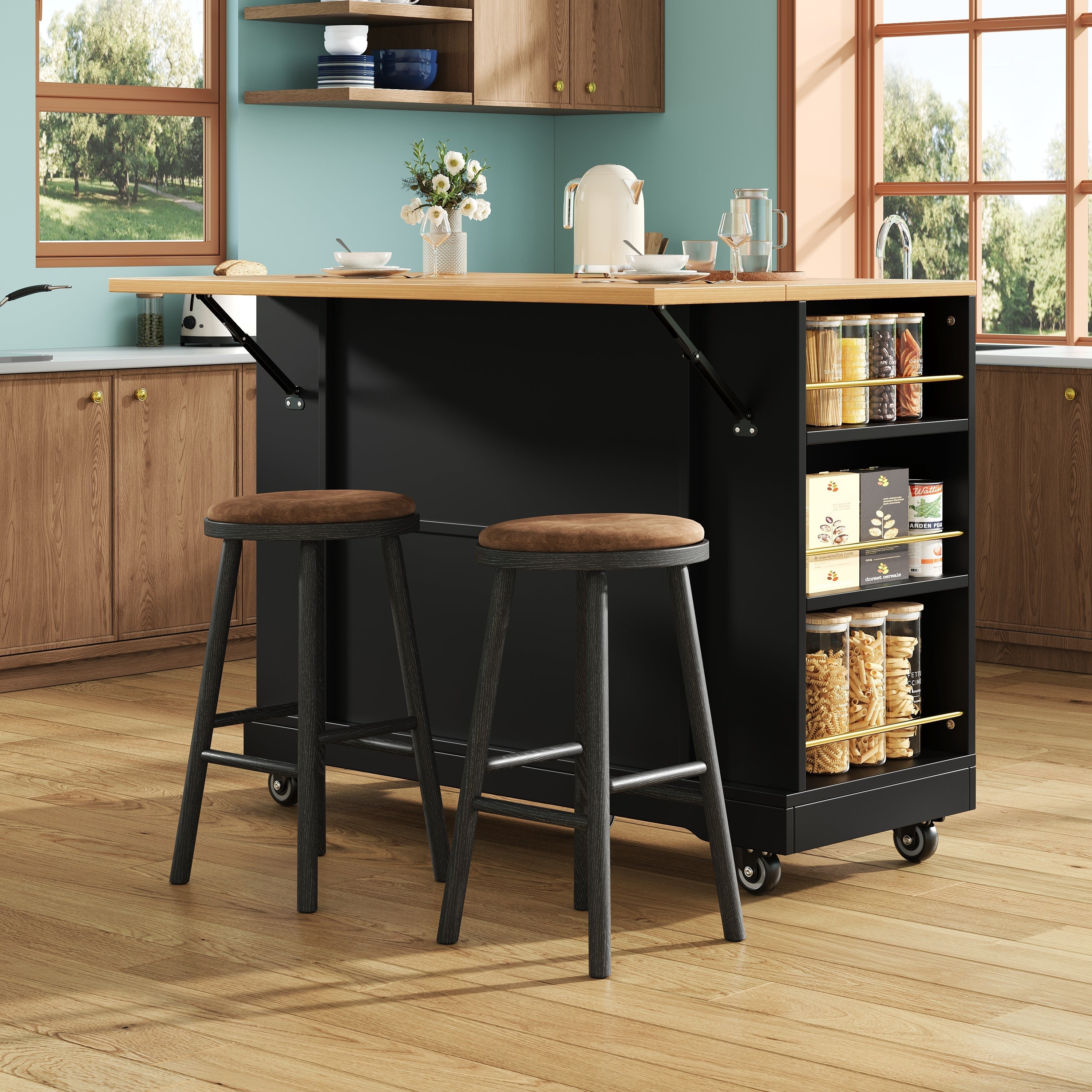 Modern Kitchen Island with Storage and Extendable Tabletop, Black Wood Grain Finish
