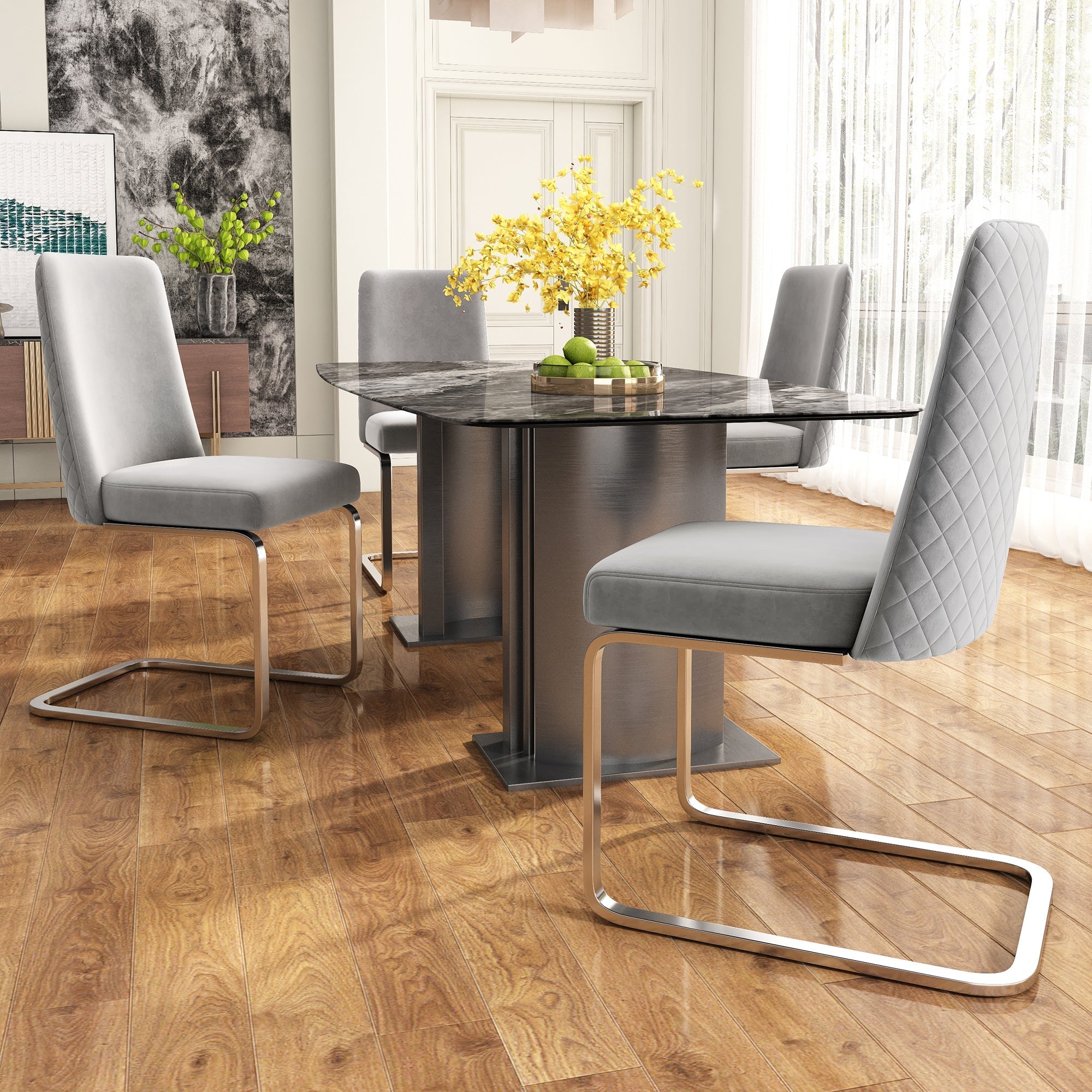 Velvet Dining Chair Set of 4 Diamond Back Luxurious Metal Legs Grey