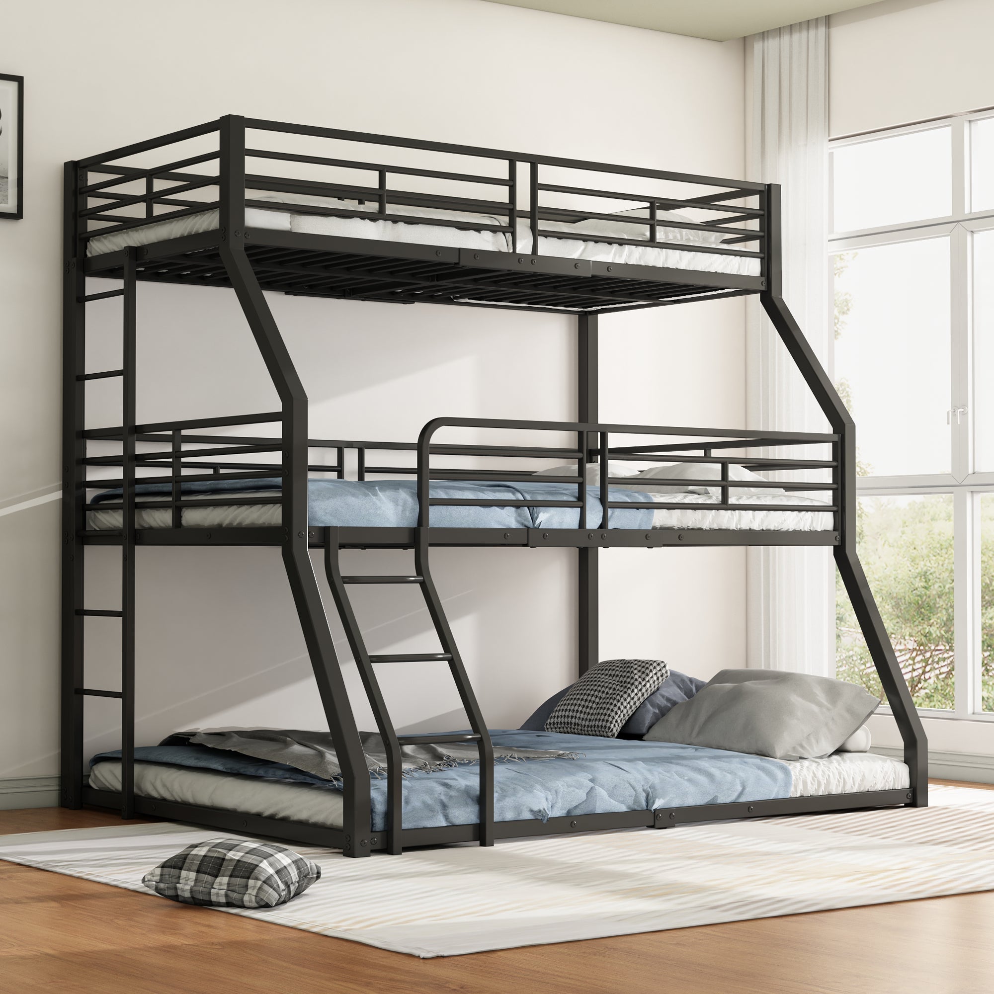 Triple Bunk Bed 90/120/140x200cm Metal Frame - Black