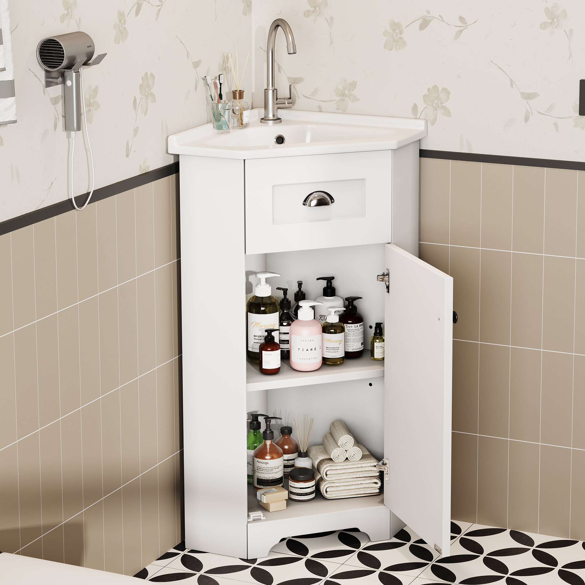Bathroom Cabinet with Single Ceramic Sink and Waterproof MDF Body, White