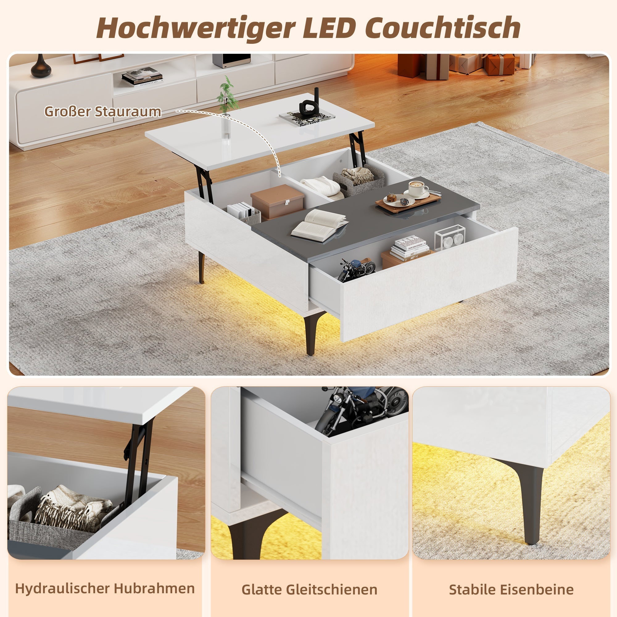 Coffee Table, Height-Adjustable with Hidden Storage and Shelves, White High-Gloss