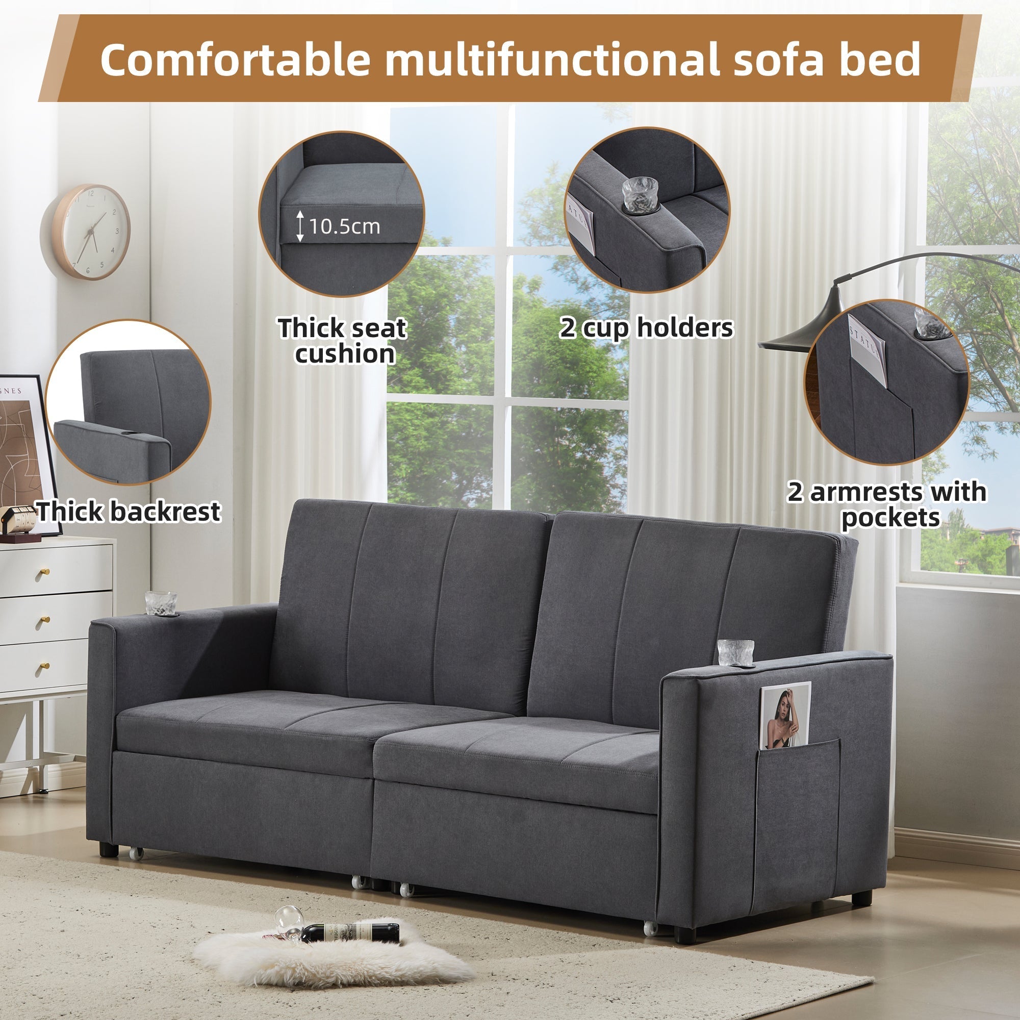Pull Out Sofa Bed - 207cm King Size, Convertible, with Cup Holders & Side Pockets, Fabric