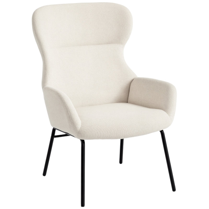Upholstered Wingback Chair High Back Thick Padding Steel Legs Cream White