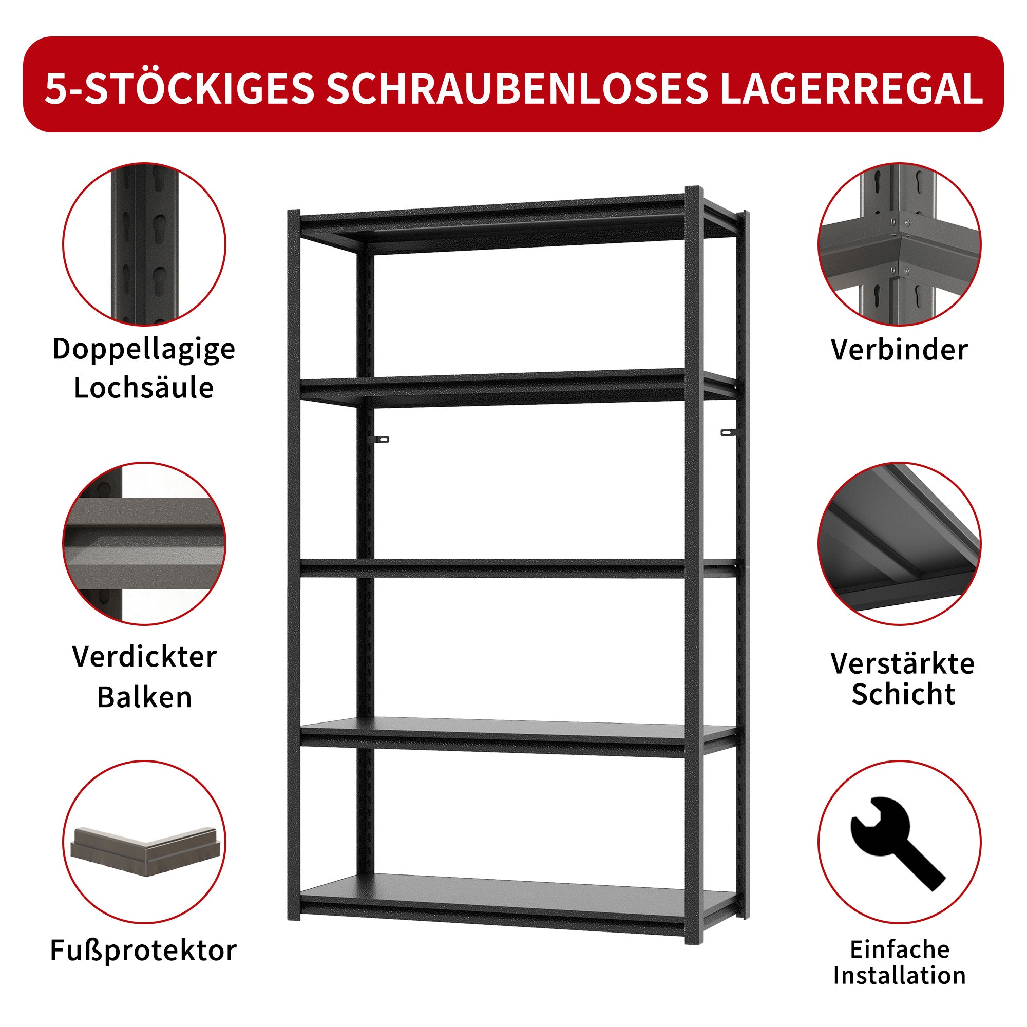 Heavy Duty Shelving Unit 5-Tier 650kg Capacity Adjustable Industrial Storage - Metal Black