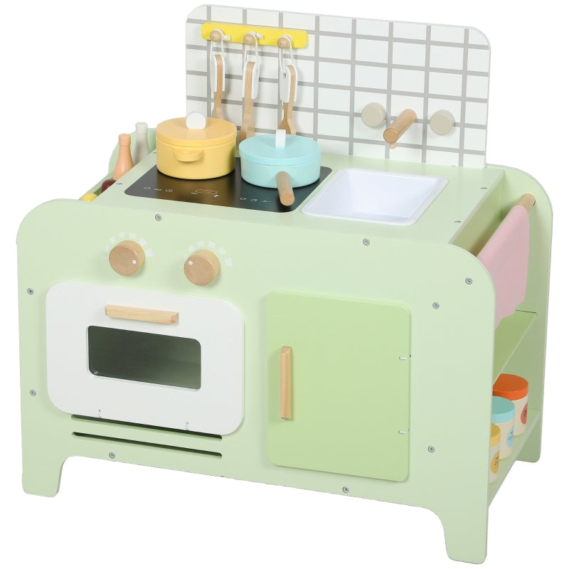 Children's Kitchen Playset with 15 Accessories and Storage Cabinets, Green MDF