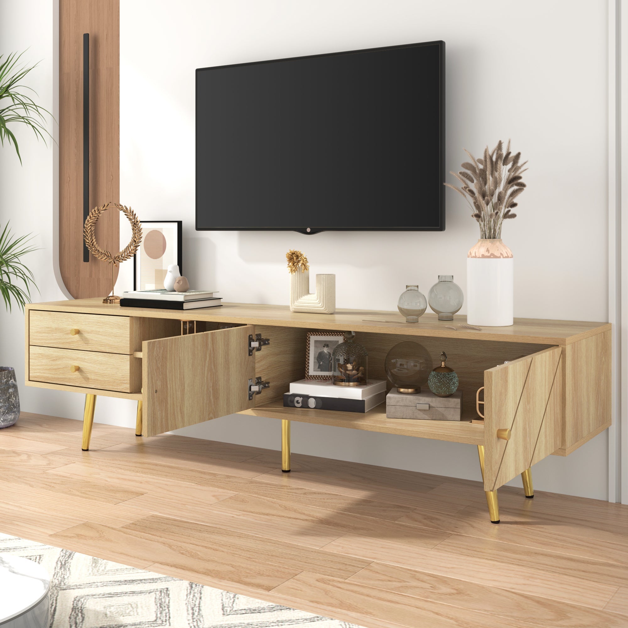 TV Cabinet 160cm, Gold Feet, Two Drawers, Unique Doors