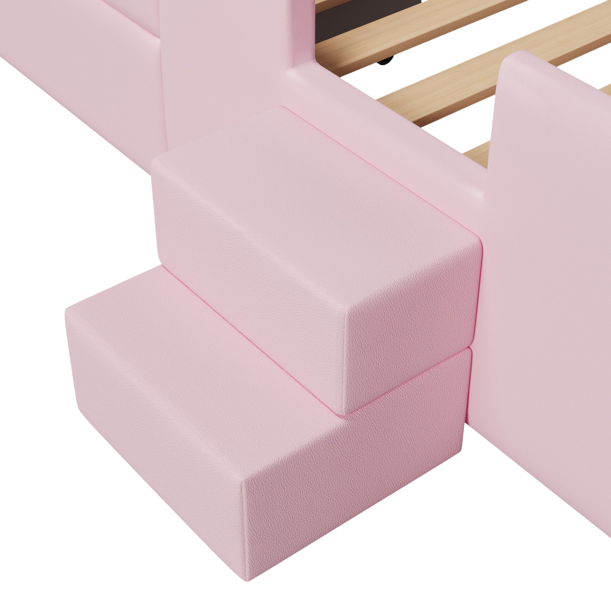 Upholstered Platform Bed 90x200cm Stairs Drawers LED USB Storage Pockets - Pink