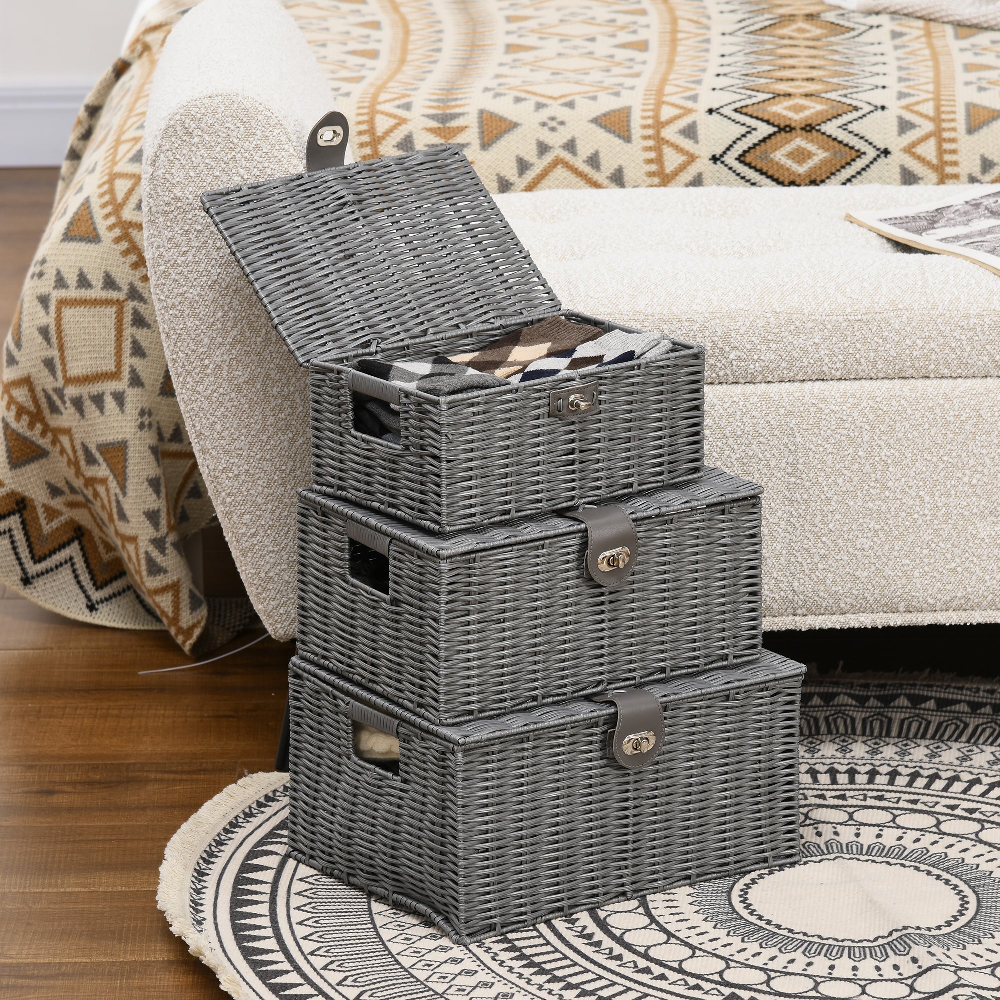 Storage Boxes Set of 3 with Lids & Buckles 18L 12L 7L, Grey