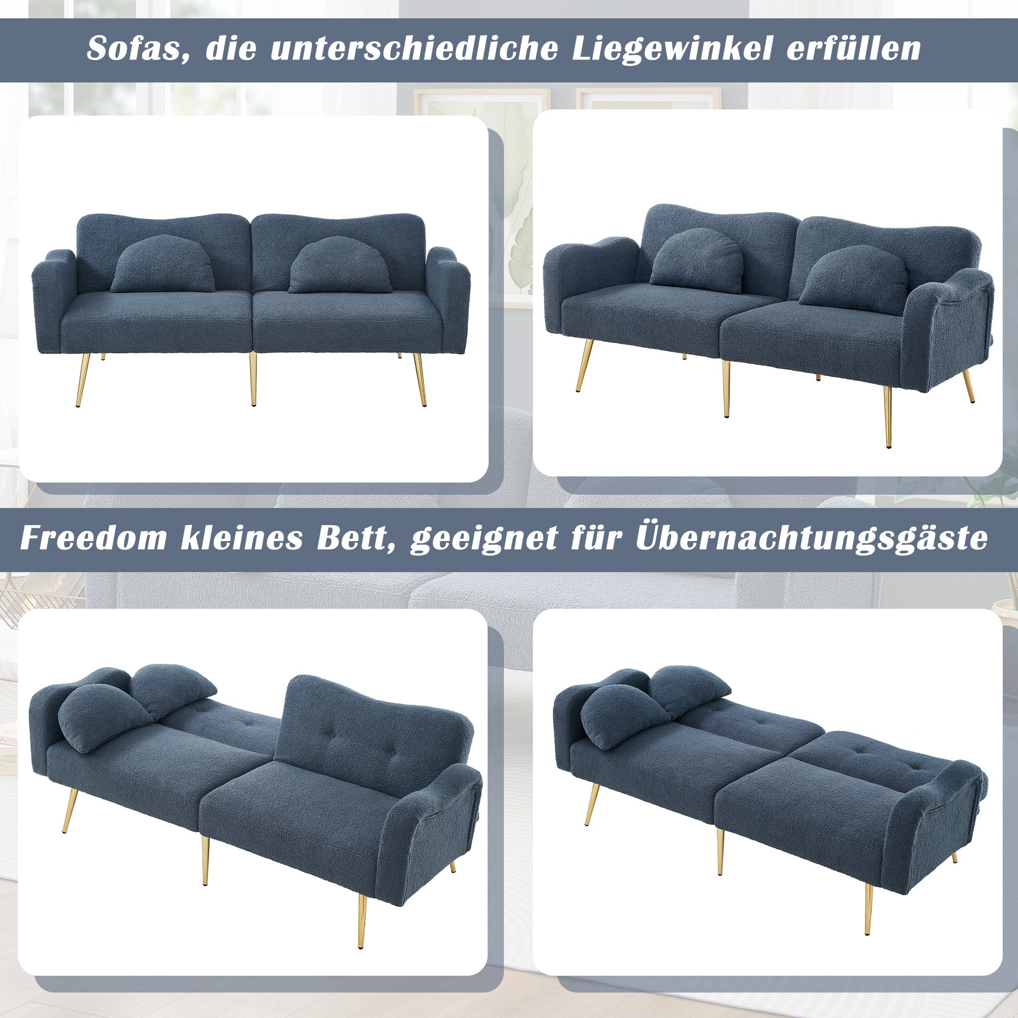 Sofa Bed, 2-Seater with Adjustable Backrest, Gold-Plated Metal Feet