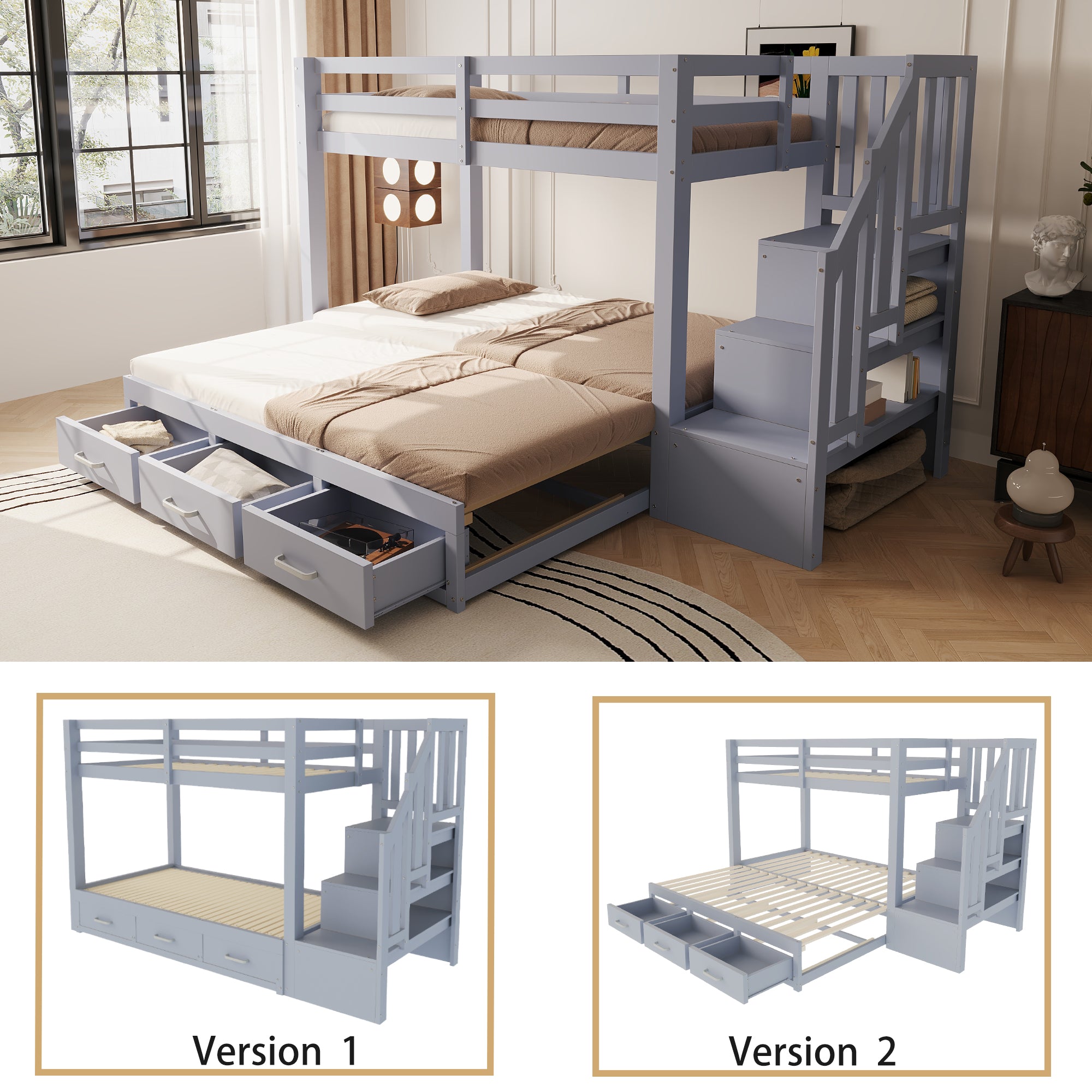 Bunk Bed with Pull-out Bed, Storage Ladder and Drawers, 90x200cm, Grey Wood