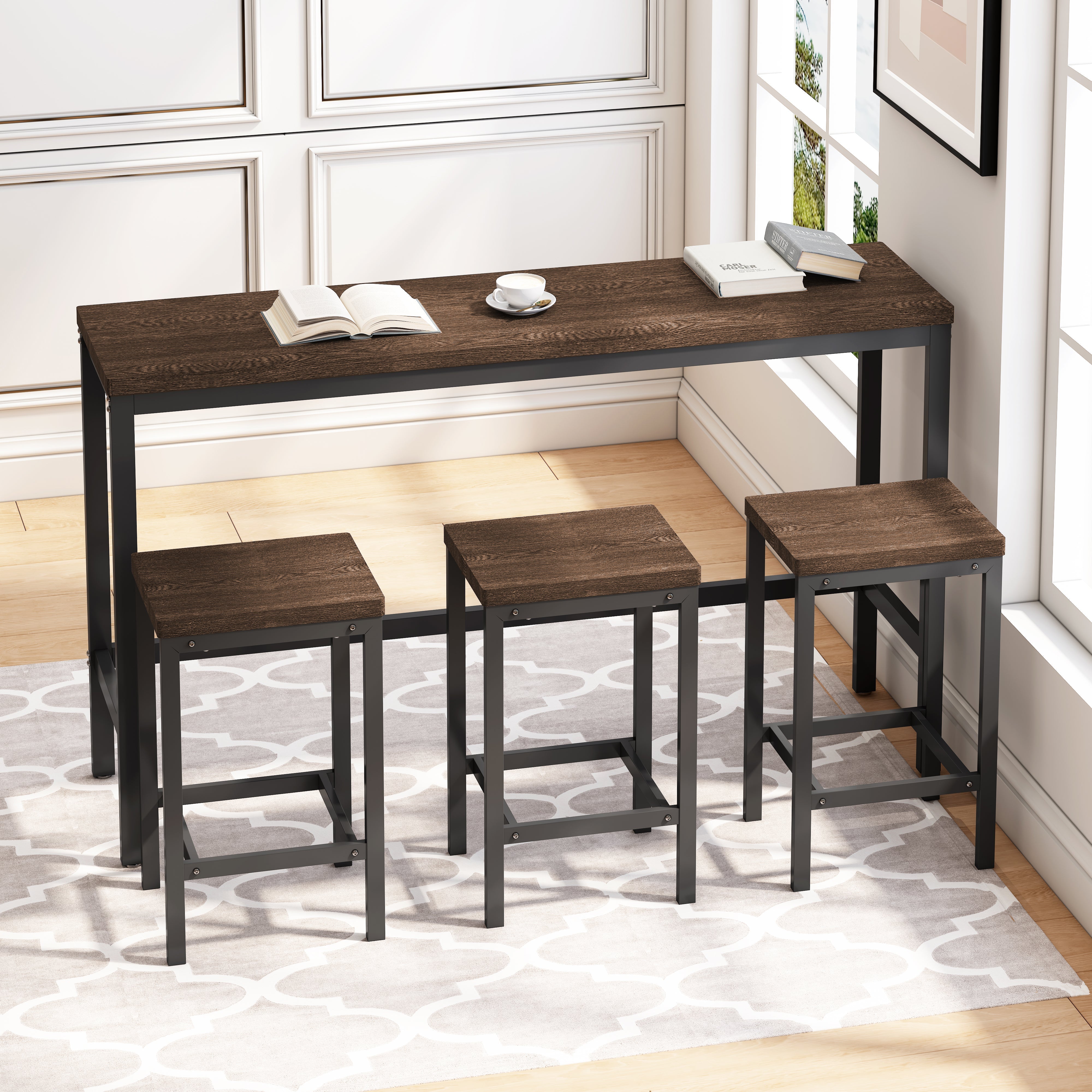 Modern Design Kitchen Dining Table 148CM with 3 Stools, Dark Brown
