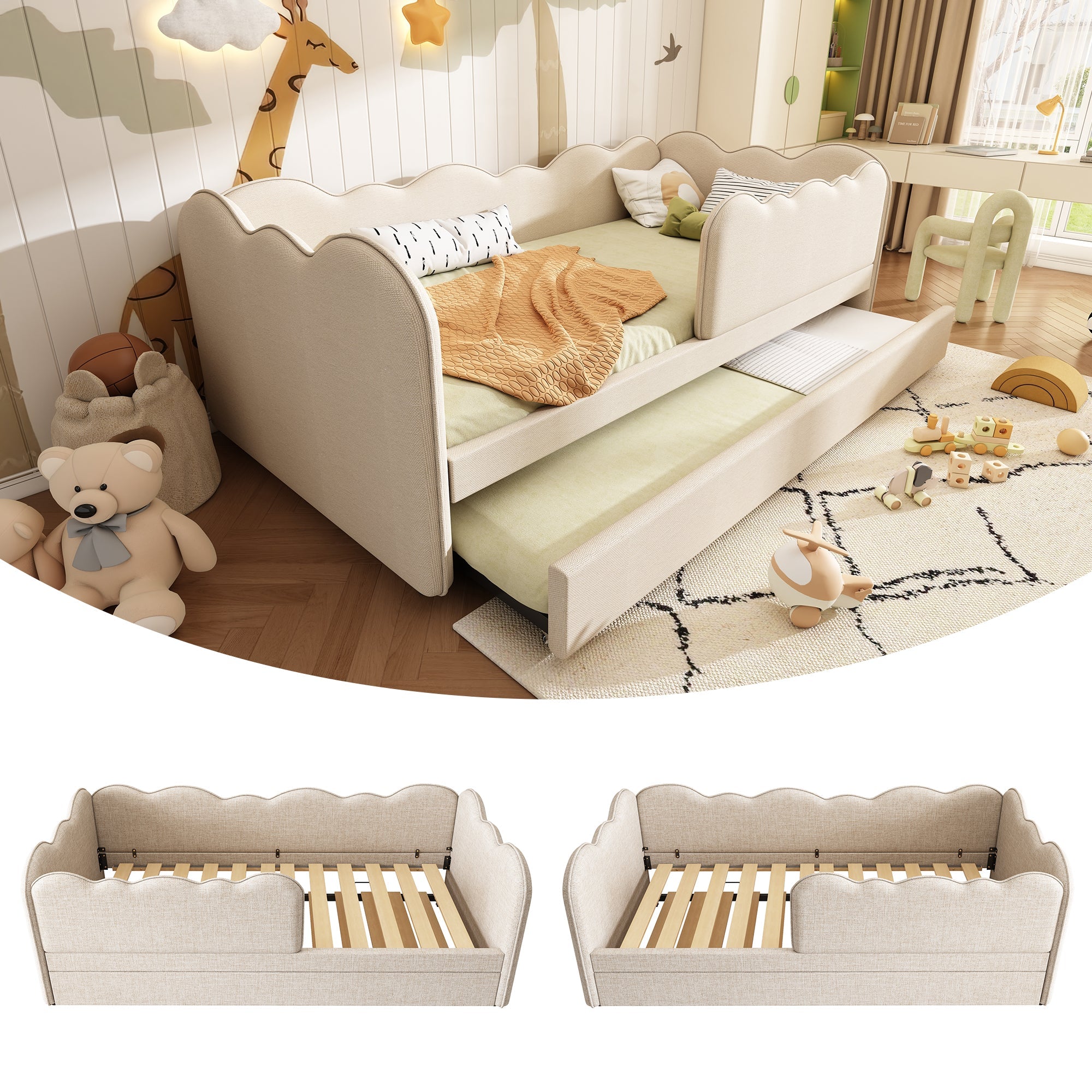 Upholstered Daybed Sofa Bed 90x190cm, Pull-out Bed Slatted Base, Linen Beige