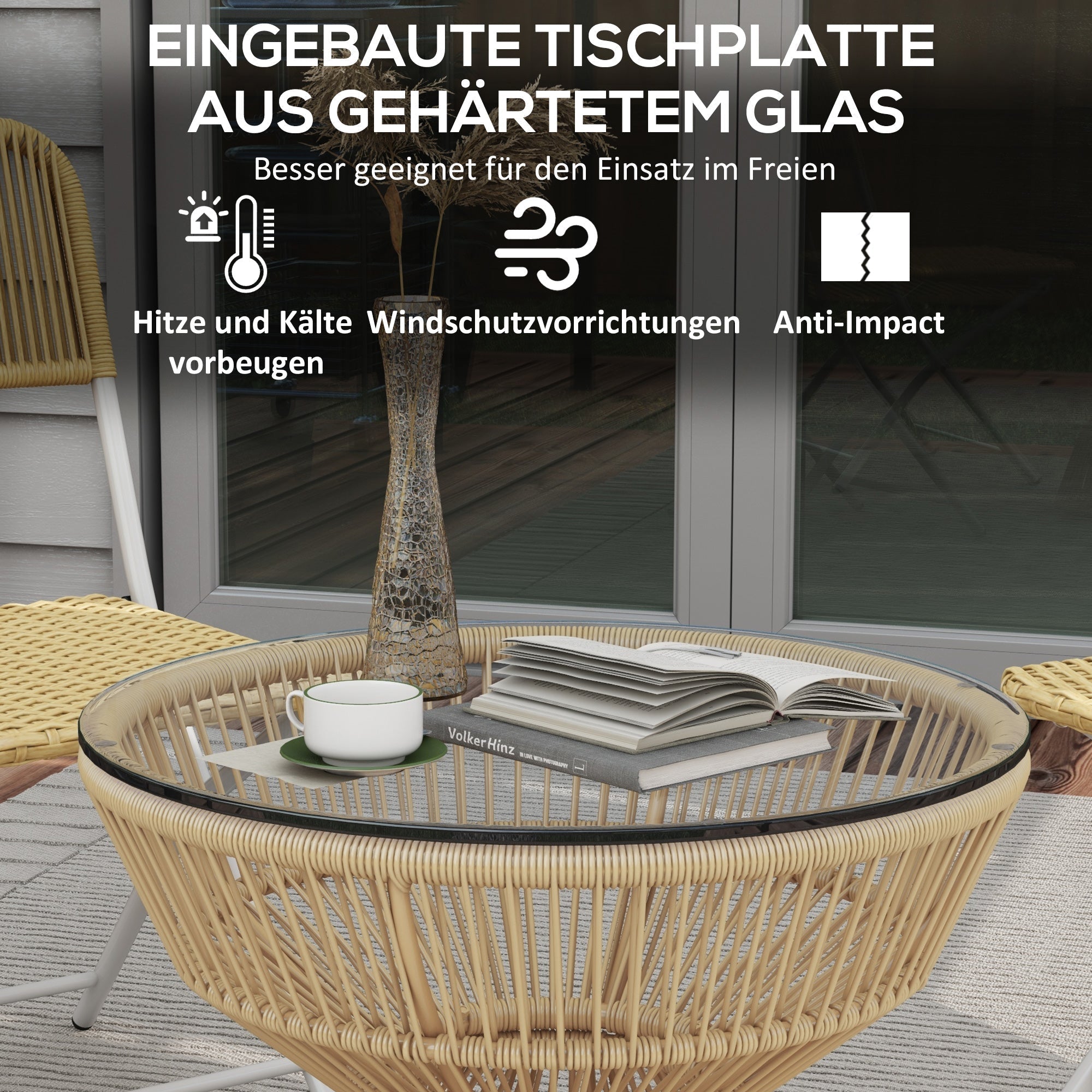 Rattan Side Table Ø60 cm Tempered Glass Boho Design Natural Wood