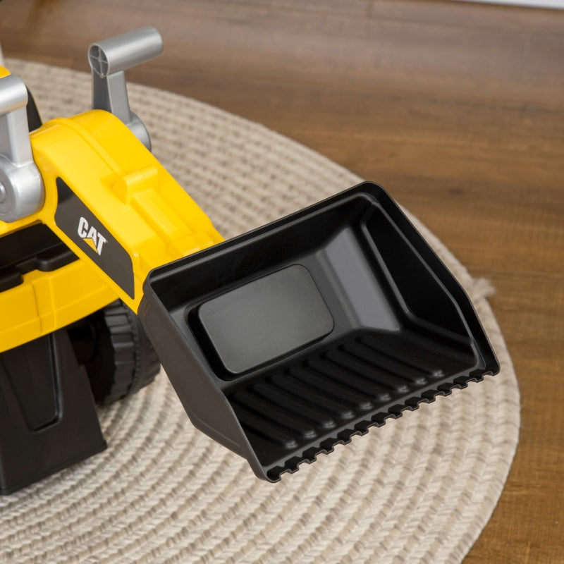 Children's excavator ride-on with operable shovel, anti-tip device, non-slip wheels, yellow and black