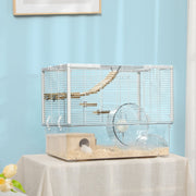 Hamster/Gerbil Cage with Wooden Ramp, Exercise Wheel, Food Bowl - White