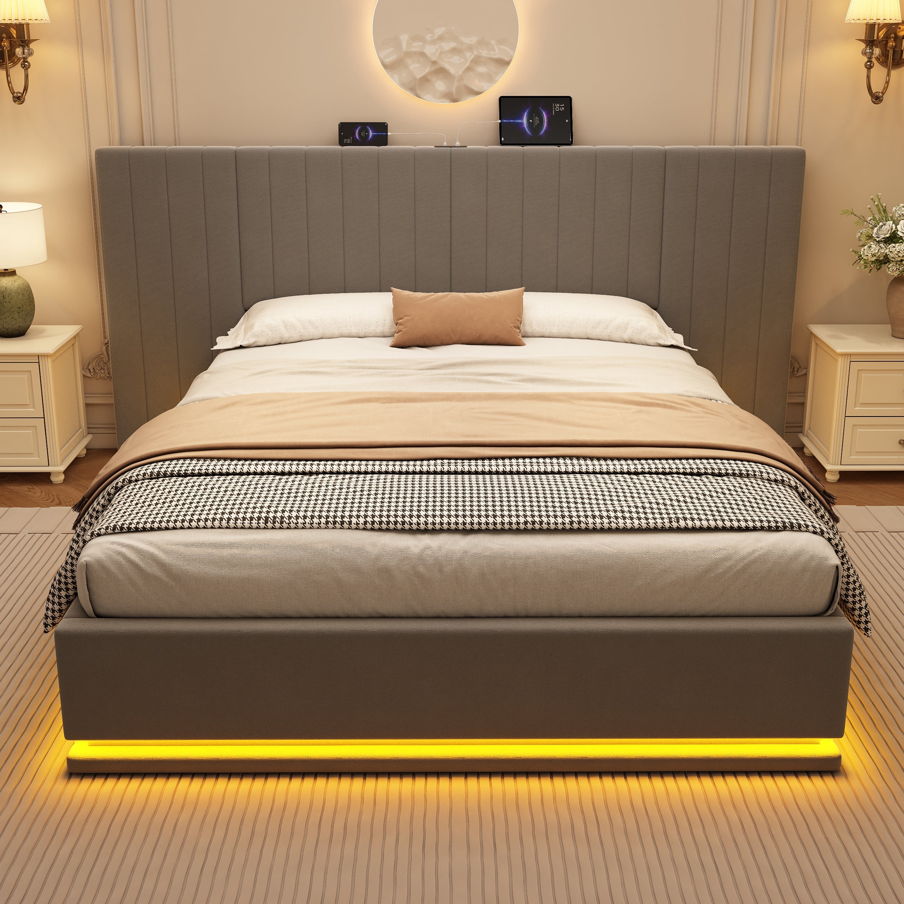 King Ottoman Bed with LED Storage and Charging Station, Velvet Grey