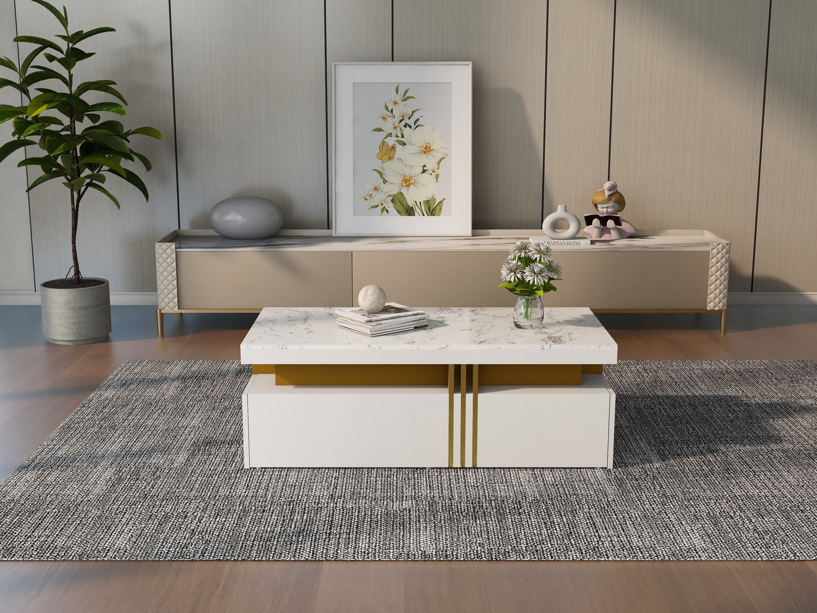 Modern White Rectangular Coffee Table with Marble Pattern Top and 2 Wooden Drawers