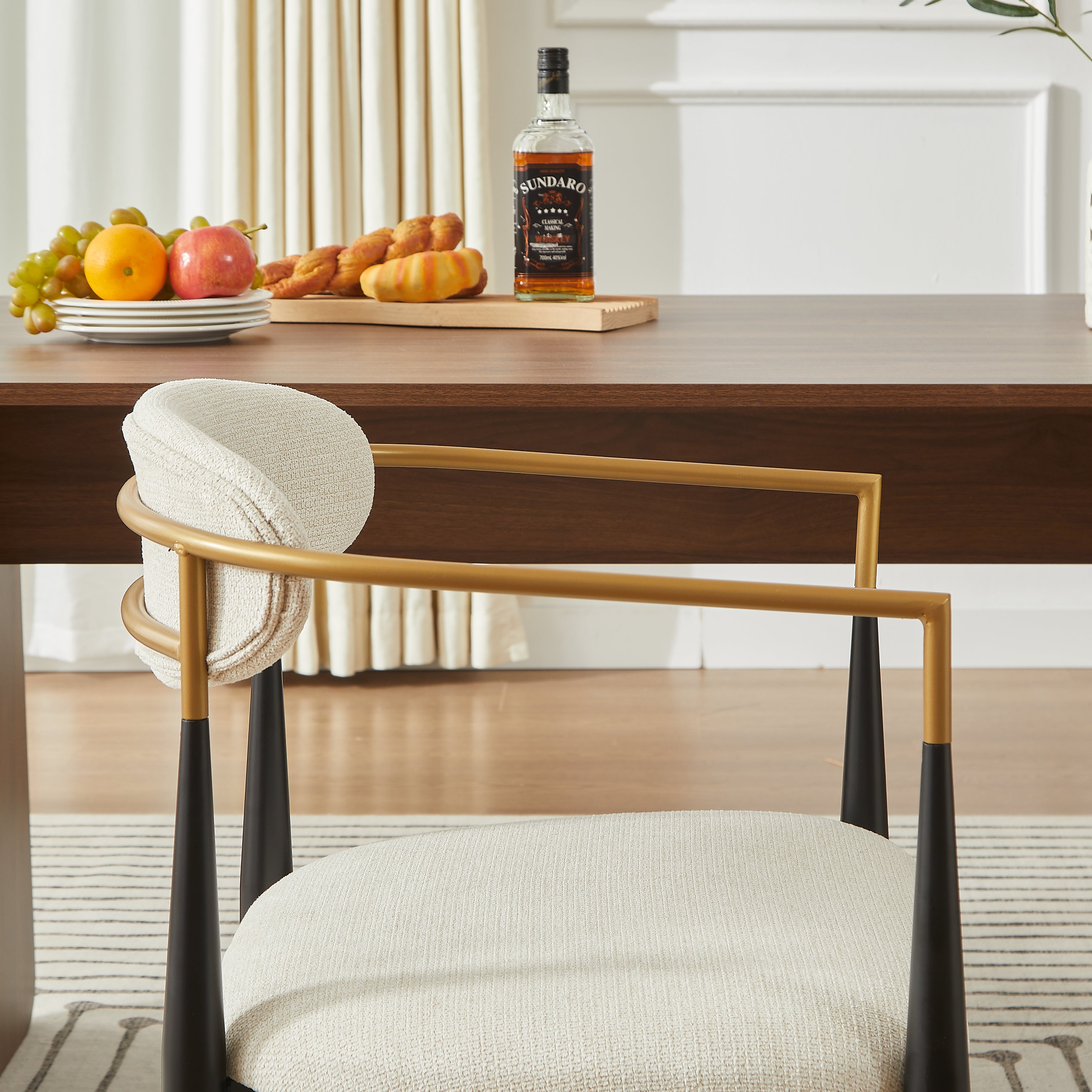 2-Piece Chair Set Metal Frame Black Gold Accent Beige Cushion