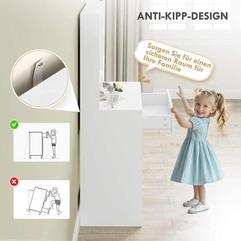 Dressing table with mirror, drawer, 3-tier side shelf, white chipboard