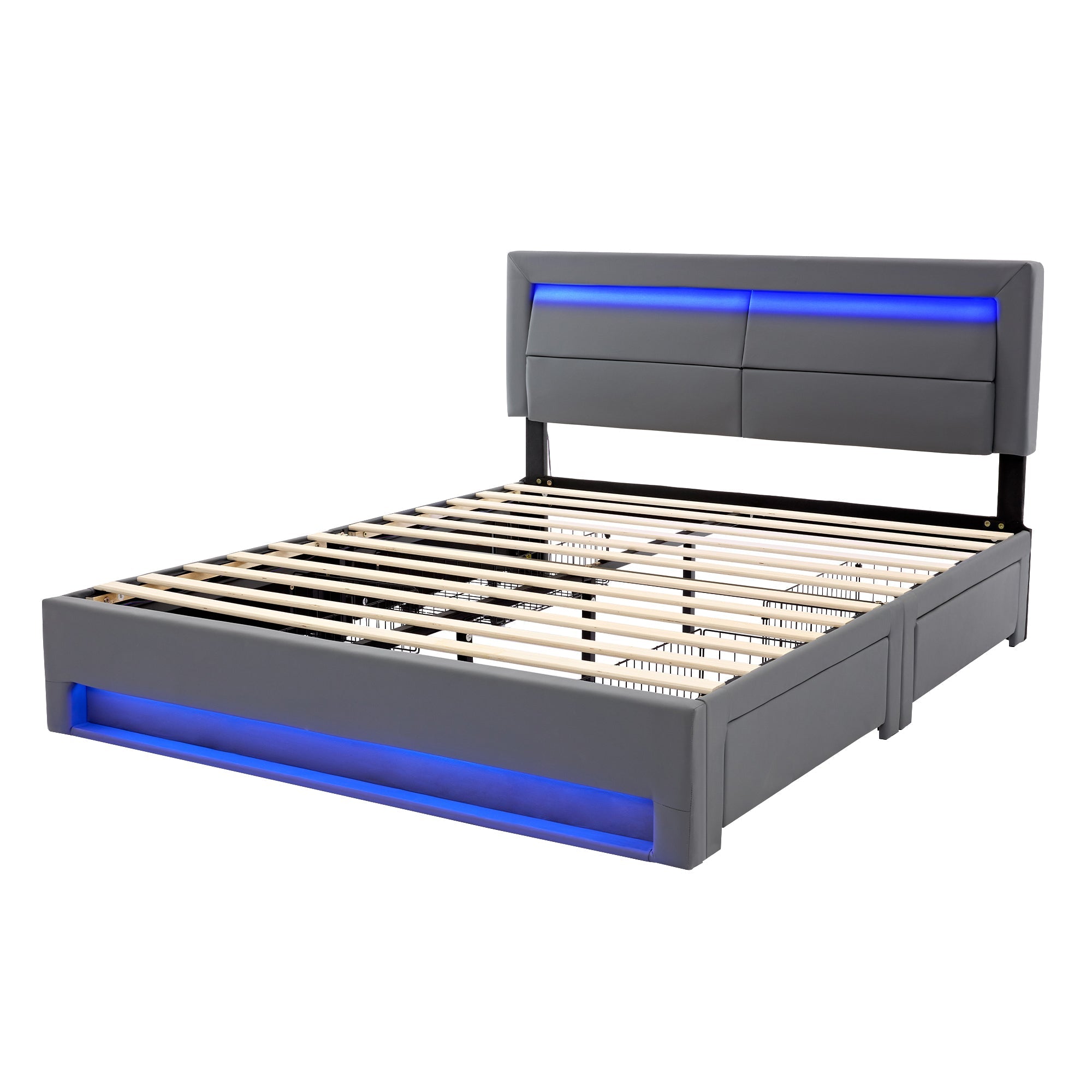 Upholstered Bed 160x200cm USB LED 4 Drawers - Grey PU