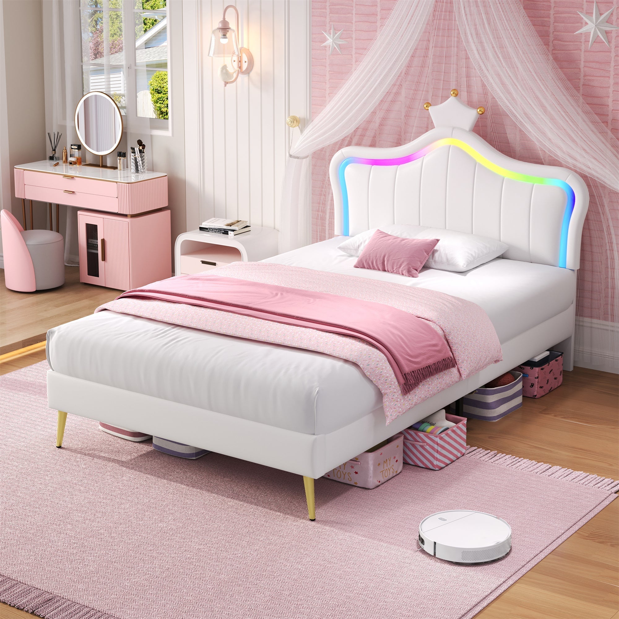 3ft Single Upholstered Bed with LED Adjustable Crown Shape Headboard, Cream White PU Leather