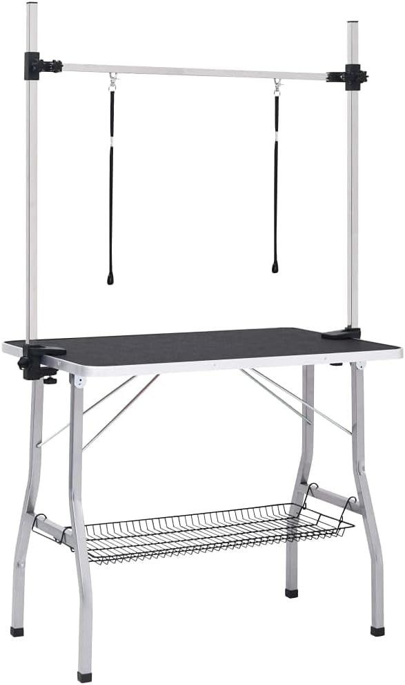 Collapsible Pet Grooming Table, Adjustable Arm & Storage, Steel Legs