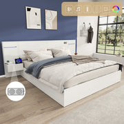 Double Bed with USB Port, Bluetooth Speaker, LED and 2 Bedside Tables, 180x200cm, White Wood