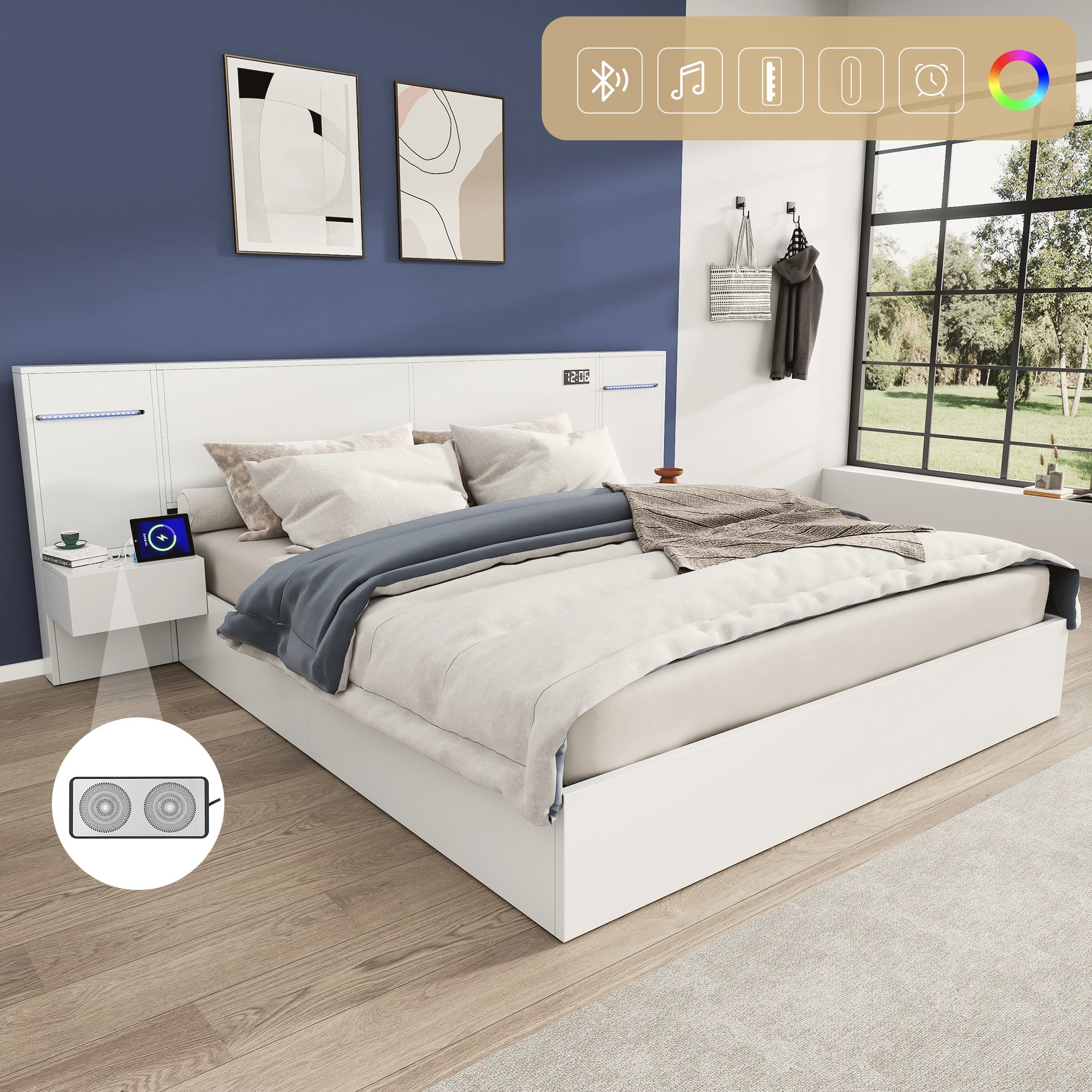 Double Bed with USB, Clock, Bluetooth Speaker and LED, 160x200cm, White Wood