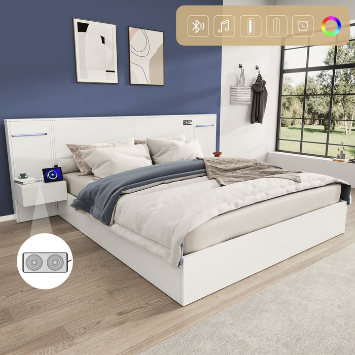 Double Bed with USB, Clock, Bluetooth Speaker and LED, 160x200cm, White Wood