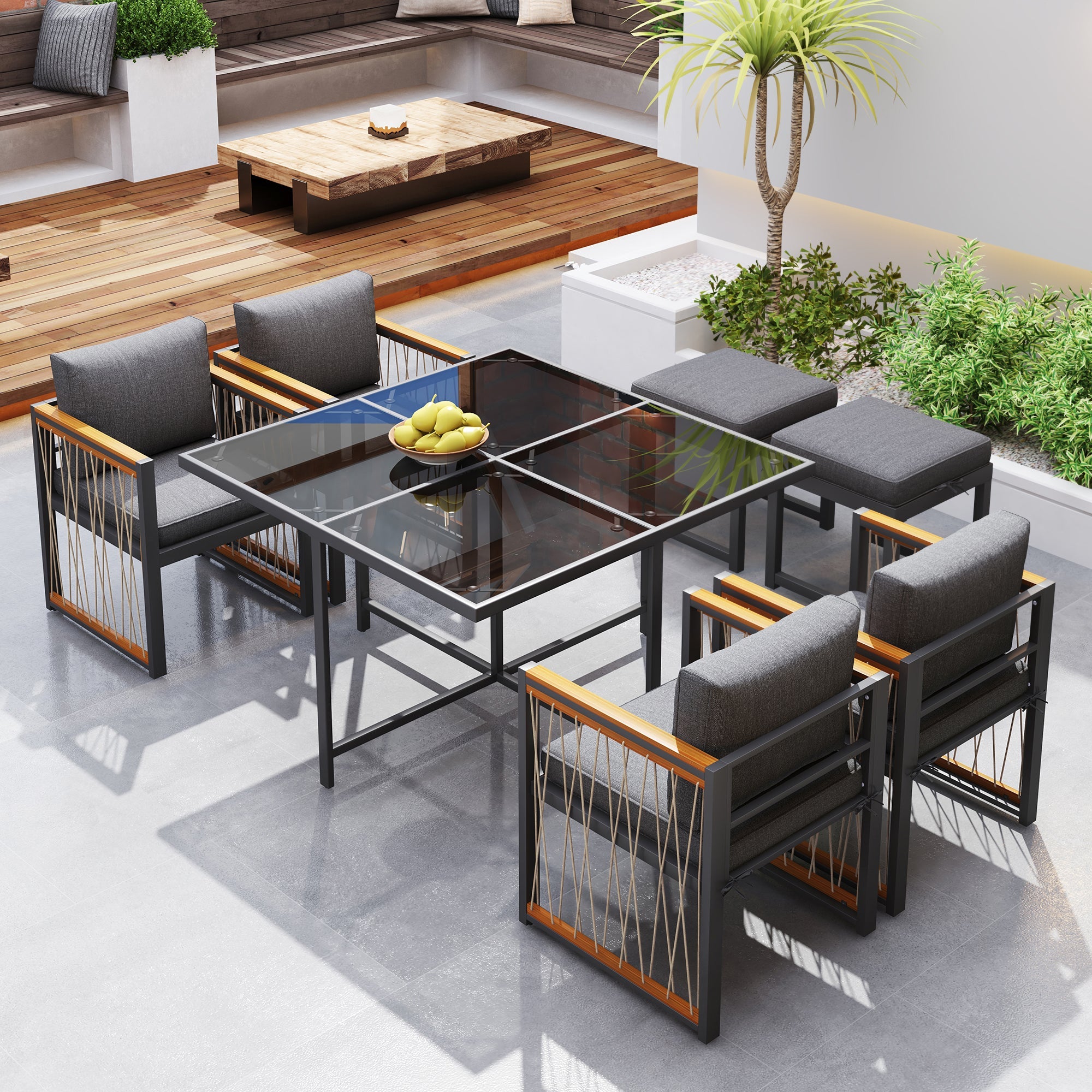 7-Piece Outdoor Dining Set for 6, Tempered Glass Table, Acacia Wood