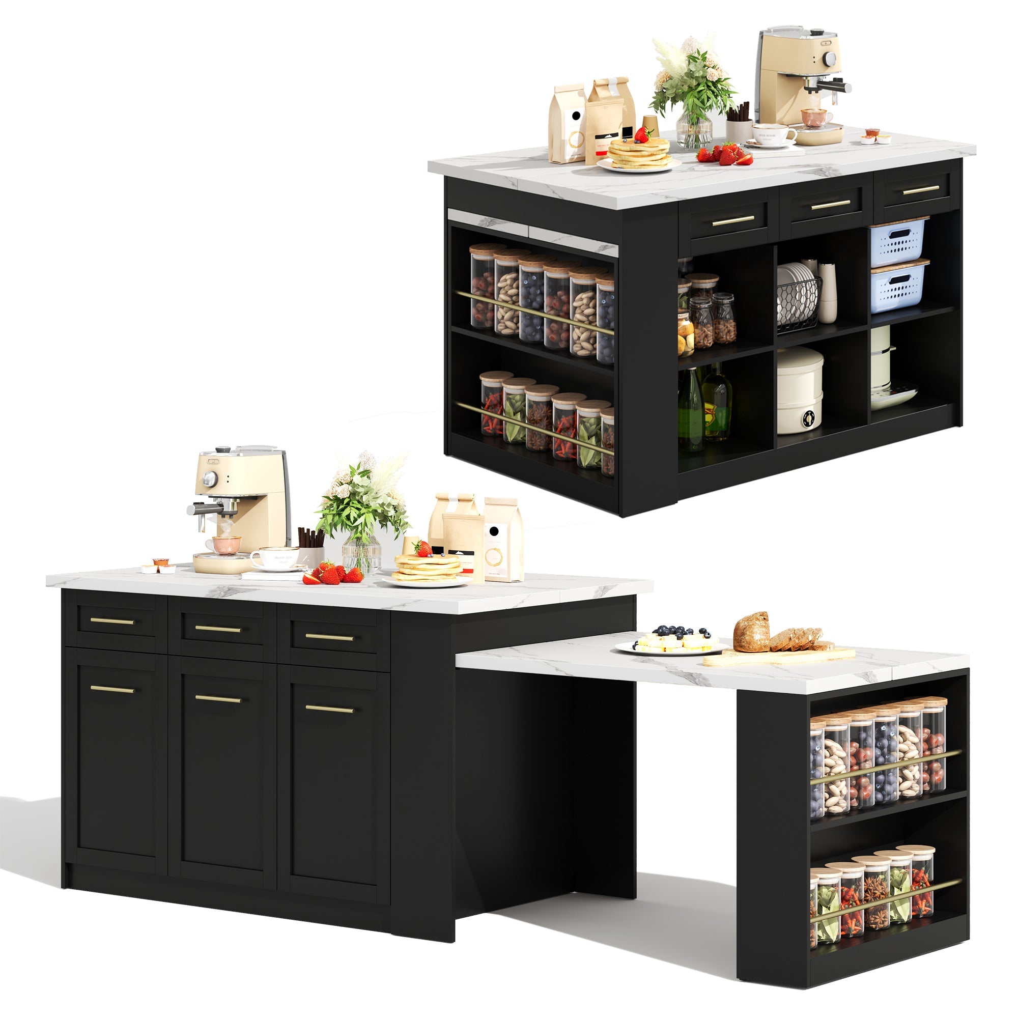 Multifunctional Kitchen Island Extendable Dining Table Storage 150cm+96cm White Marbled Wooden/Black
