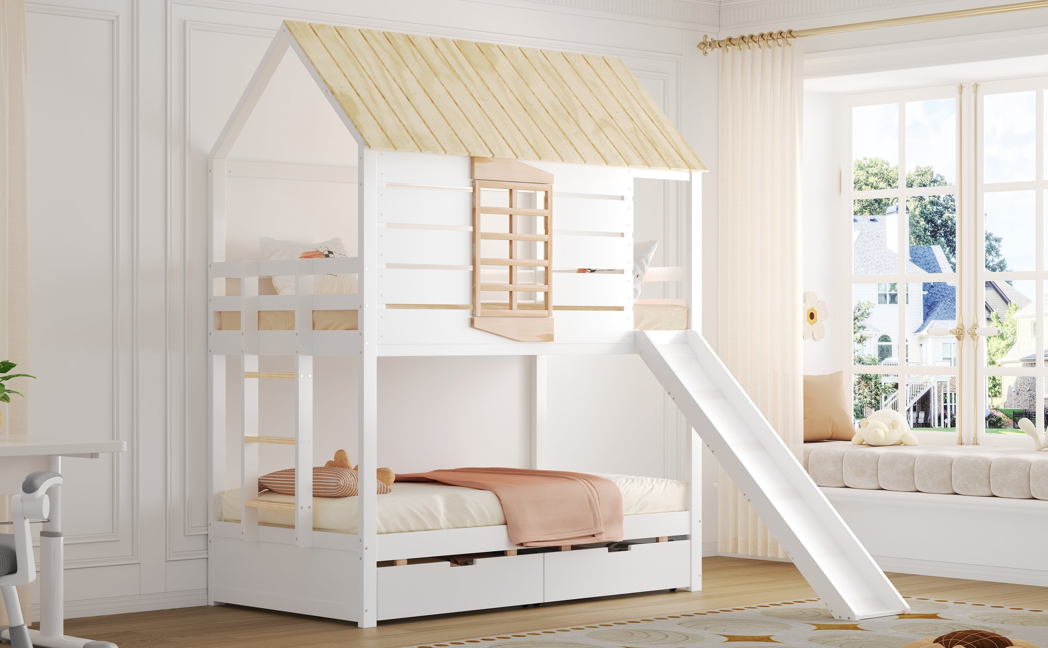 House Bunk Bed with Slide and 2 Storage Drawers, 90x200cm, White and Natural