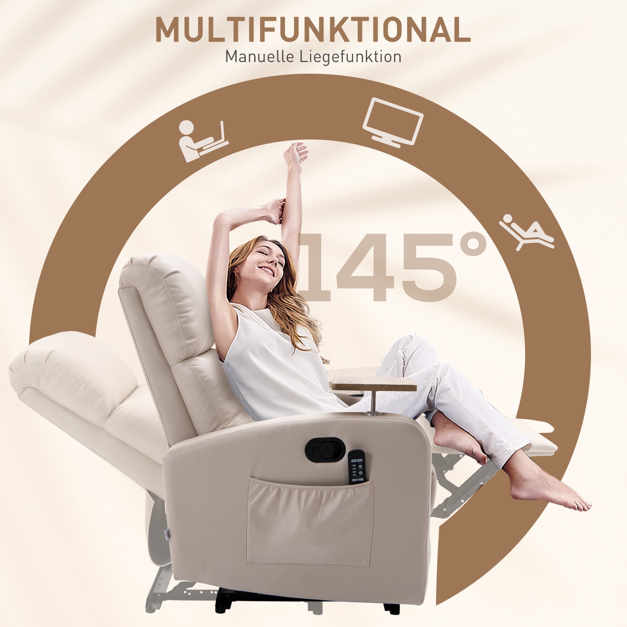 Reclining Armchair, Massage Swivel Table Remote Control, Microfiber Beige