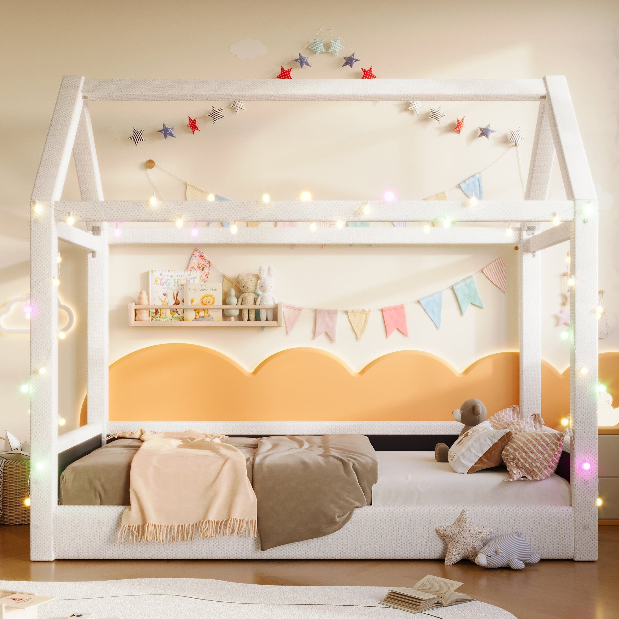 Upholstered Daybed 90x200cm LED Light Strips - Beige