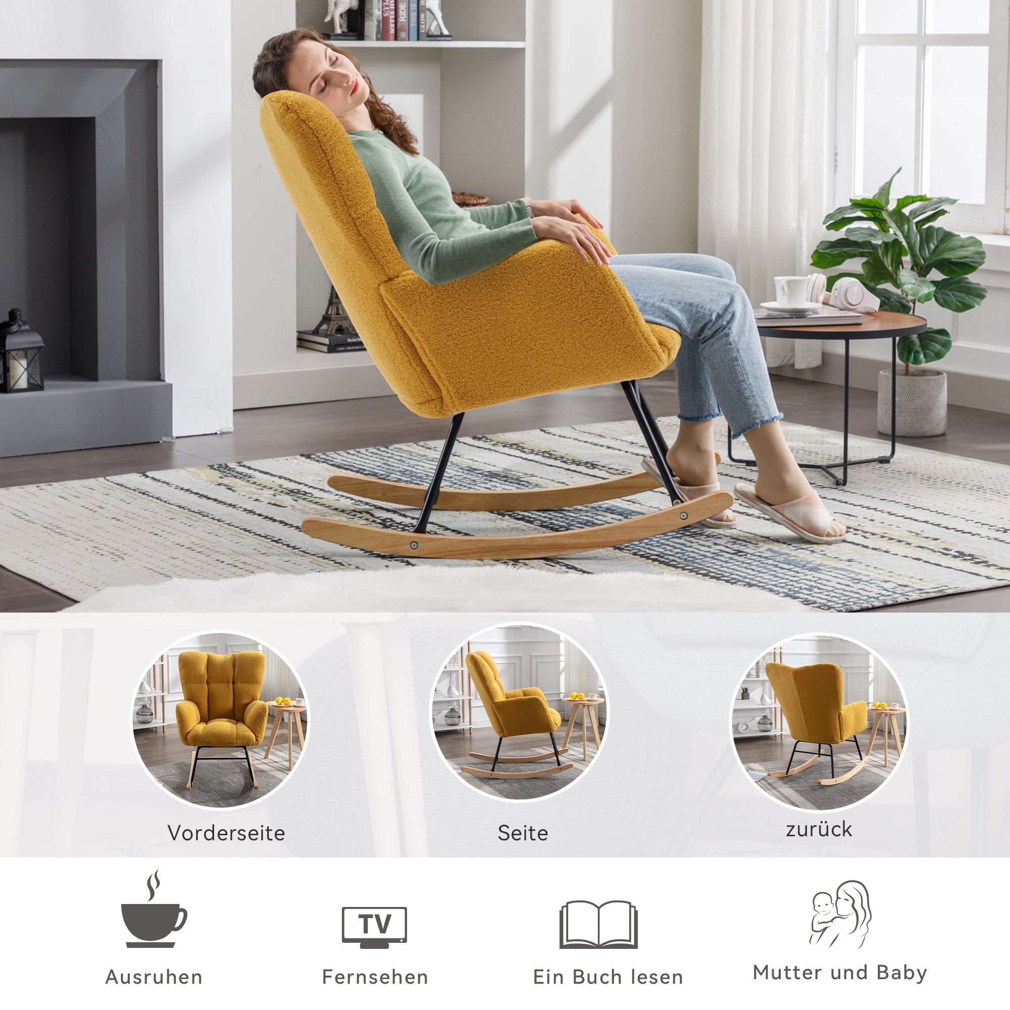 Mid Century Modern Rocking Chair with Tufted Cover, Padded Seat, Teddy Fabric, Yellow
